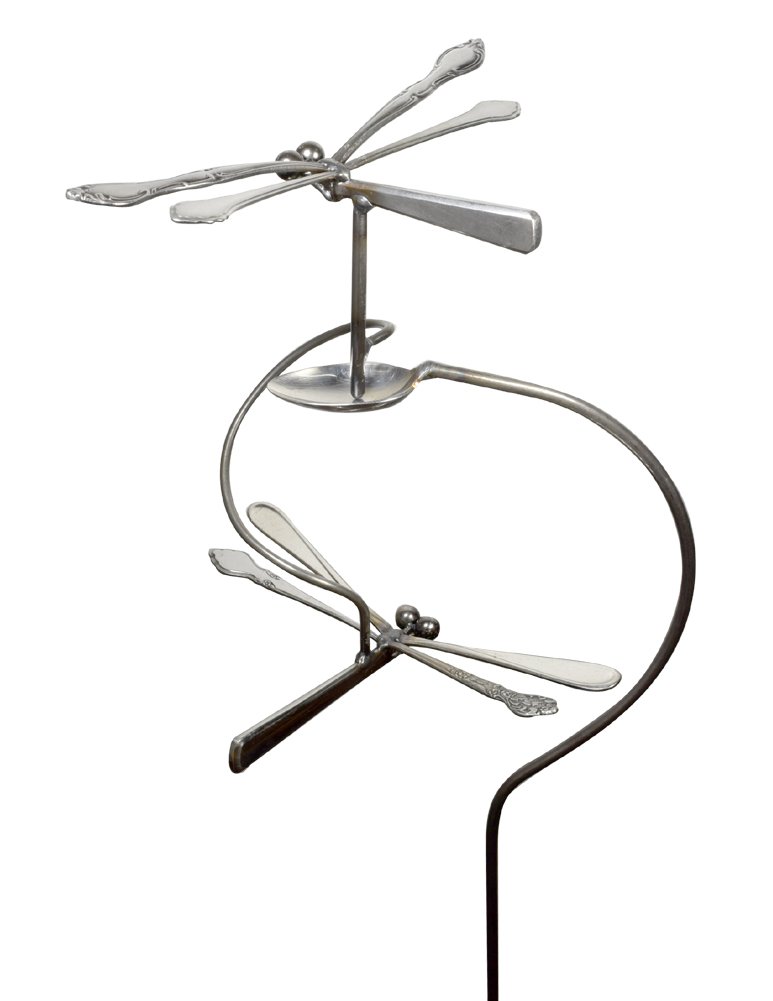 Handcrafted American Made Dancing Dragonflies Balancing Garden Stake - Upcycled Utensil Sculpture for Outdoor Decor and Garden Art