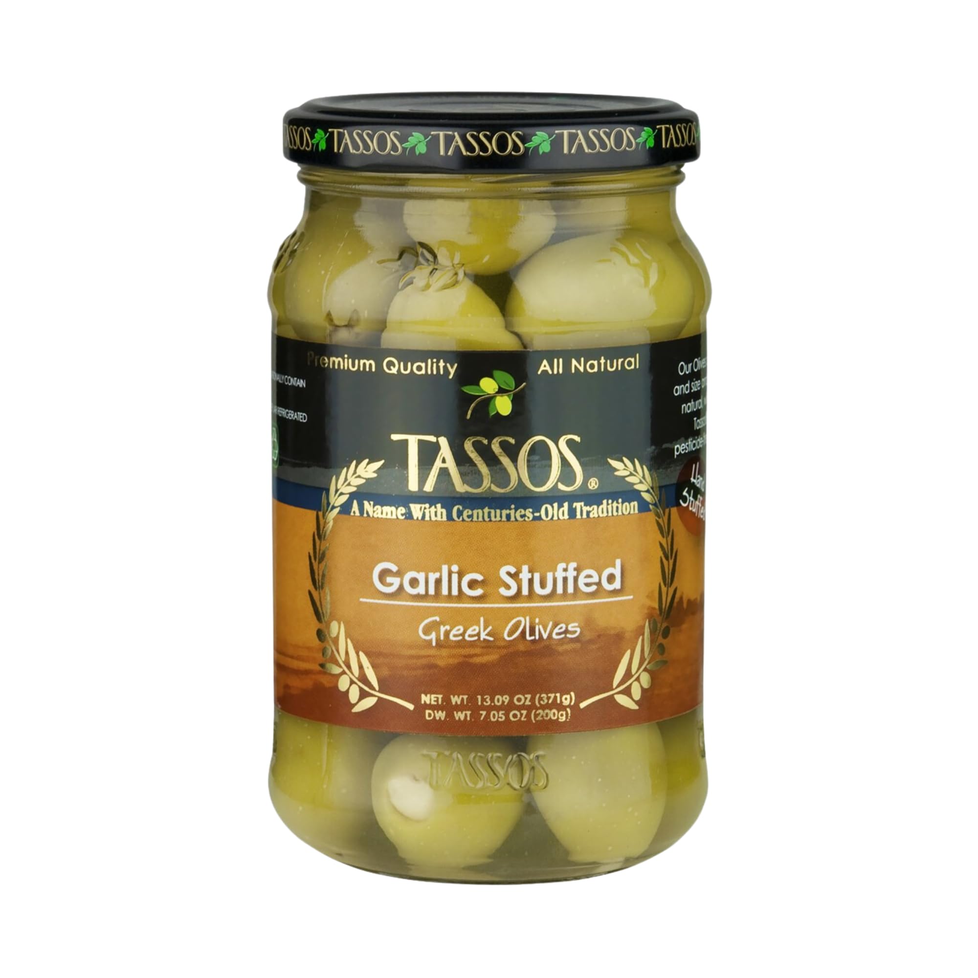Tassos Garlic Stuffed Green Olives - 13 oz Jar | Premium Mediterranean Snack for Charcuterie Boards, Salads & Cocktails