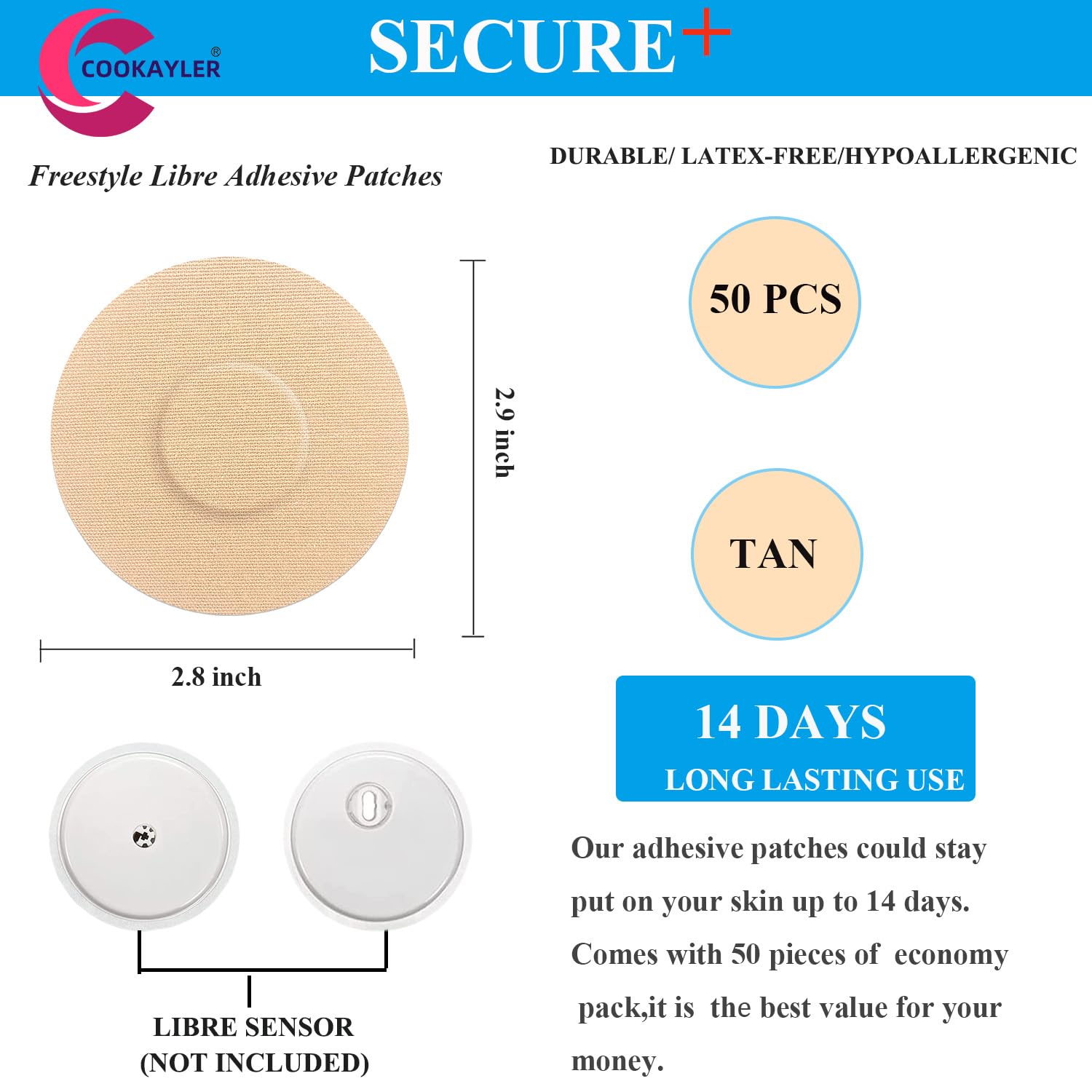 50 Pack Waterproof Sensor Covers for Freestyle Libre 2/3 - CGM Adhesive Patches with No Center Glue, Pre-Cut Tape for Continuous Glucose Monitor Protection (Tan) | Ideal for Swimming, Sports & Daily Wear