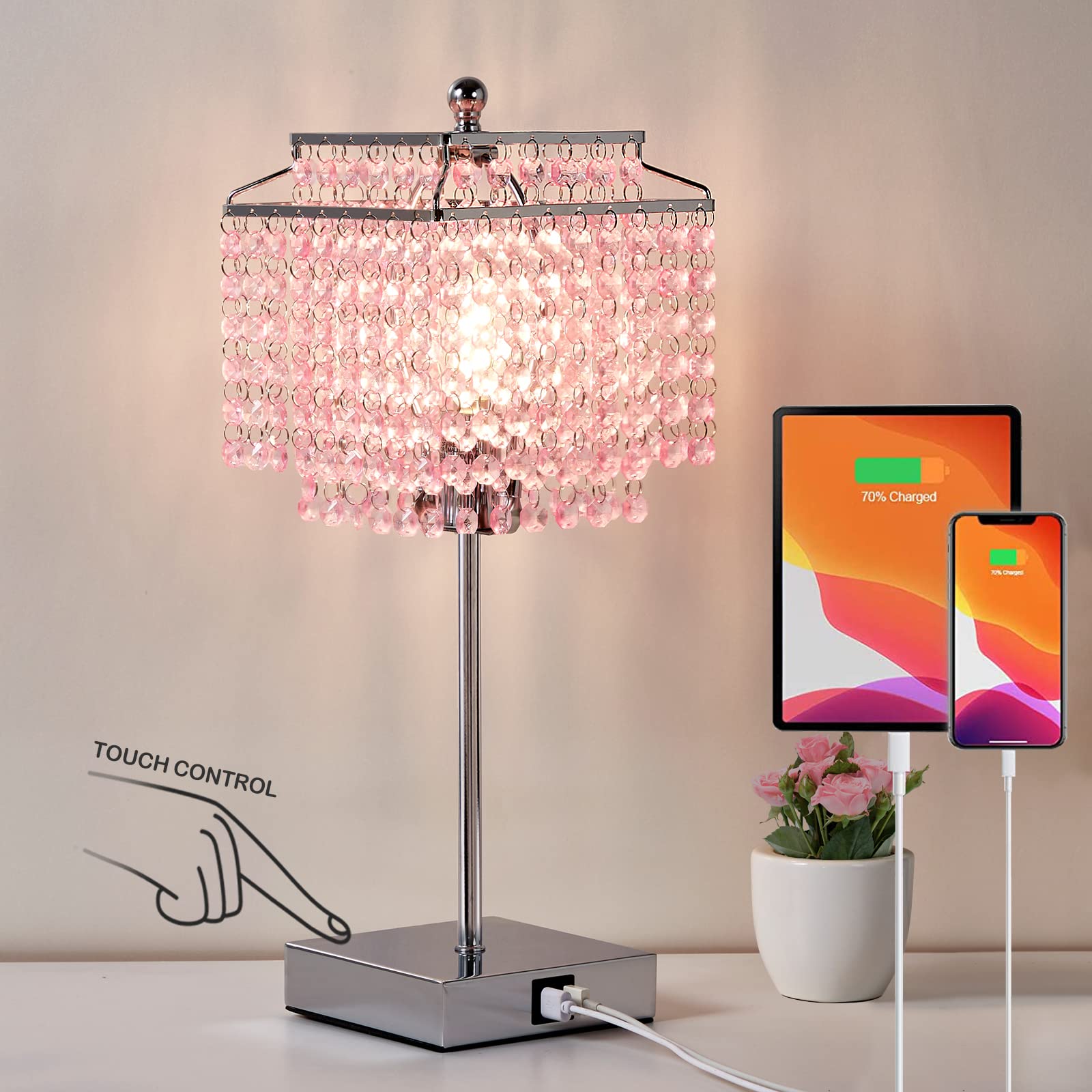Pink Crystal Table Lamp with Touch Control - 3-Way Dimmable Nightstand Light with Crystal Shade, 6W B11 Bulb Included - Perfect for Girls Bedroom, Living Room & Home Decor (L-71008F)