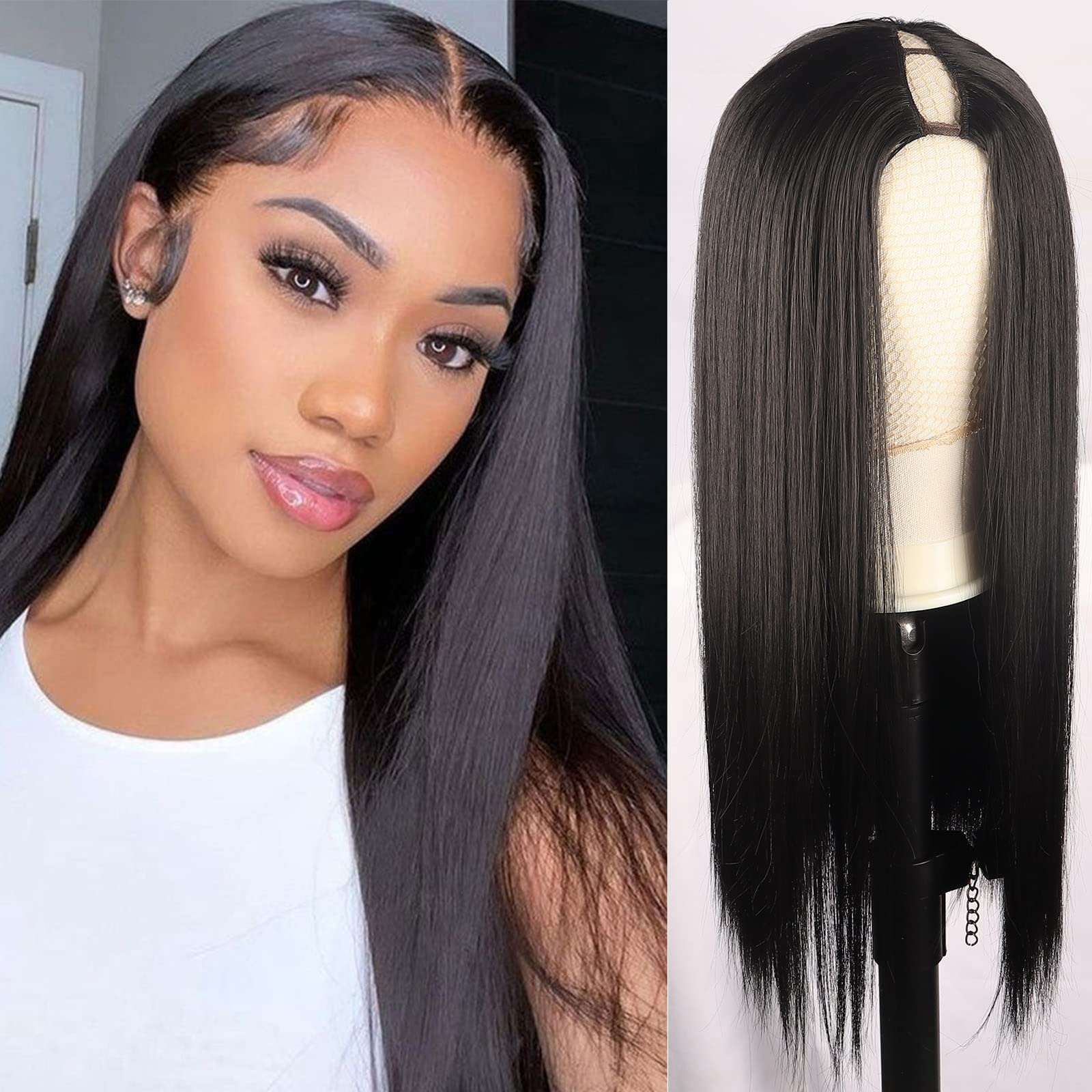 KRSI Straight V Part Wigs for Women - 22 Inch Glueless U Part Wig 1.5''x3.5'' V Shape Synthetic Hair Extension | Natural Black Full Head Clip-in Half Wig | Perfect for Daily Wear, Cosplay & Special Occasions