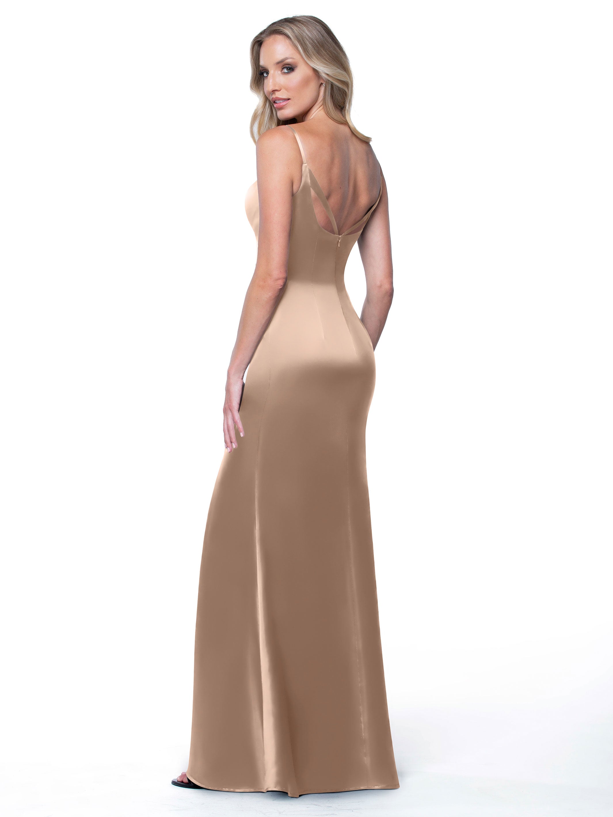 Elegant 80132 Fit and Flare Satin Bridesmaid Dress with Thigh High Slit - Perfect for Weddings, Proms, and Formal Events