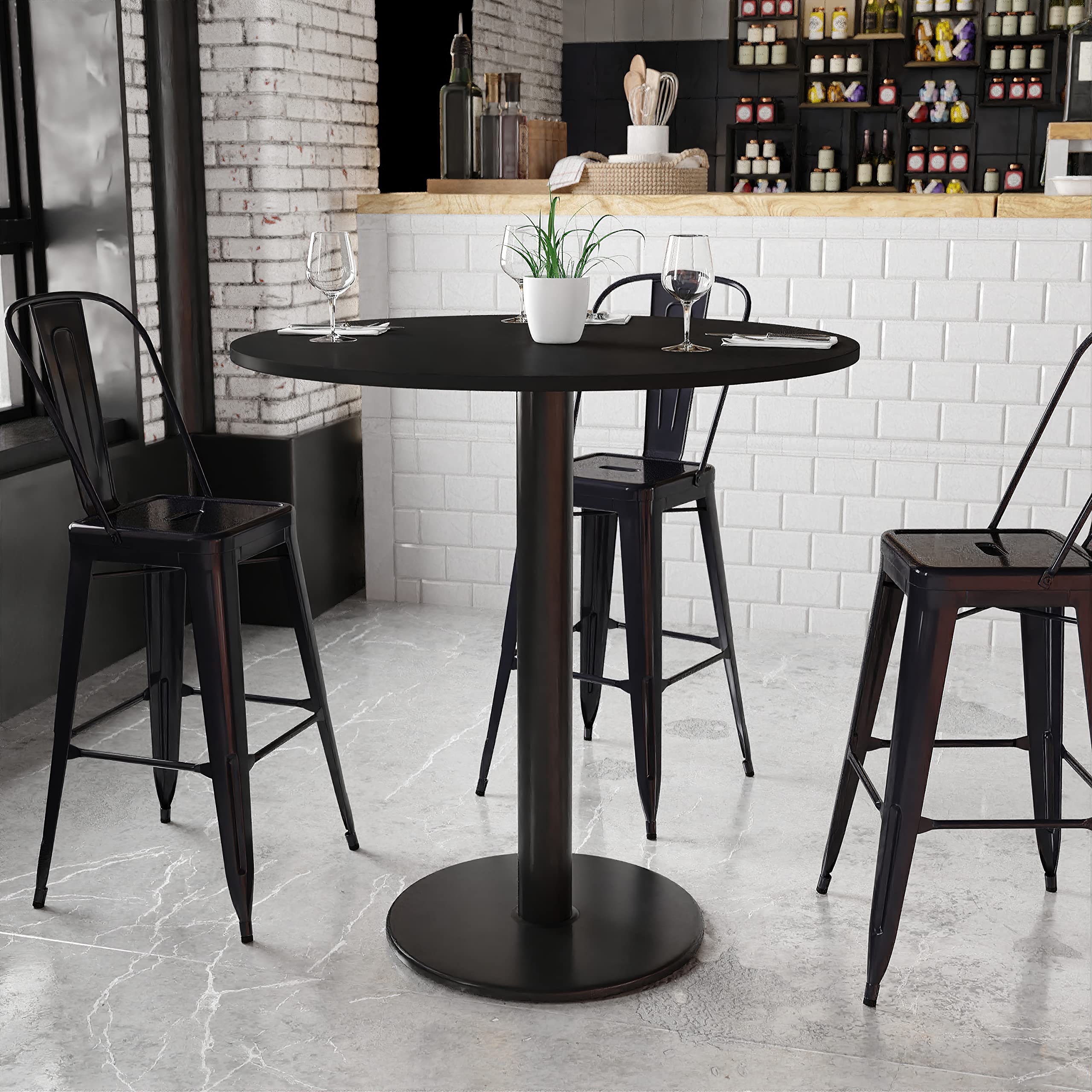 Flash Furniture Stiles 42'' Round Black Laminate Dining Table Top with 24'' Bar Height Base - Perfect for Kitchen, Breakfast Nook & Small Space Dining