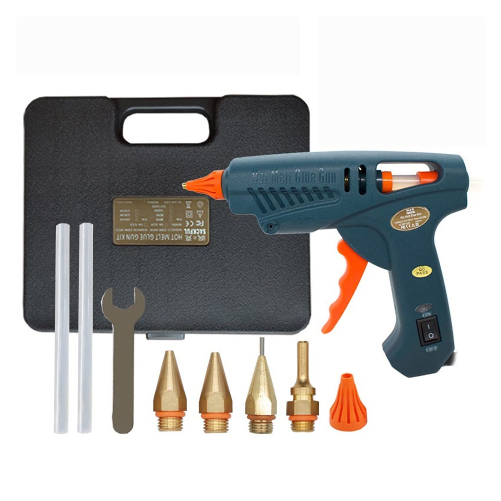 50W/150W Hot Melt Glue Gun Kit with Copper Nozzle - Professional 100W Glue Gun Tool for 11mm Glue Sticks, DIY Crafts, Home Repairs & Creative Projects (Set F, 50-150W Plug) - Perfect for Scrapbooking, Woodworking, Fabric Bonding and Household Fixes