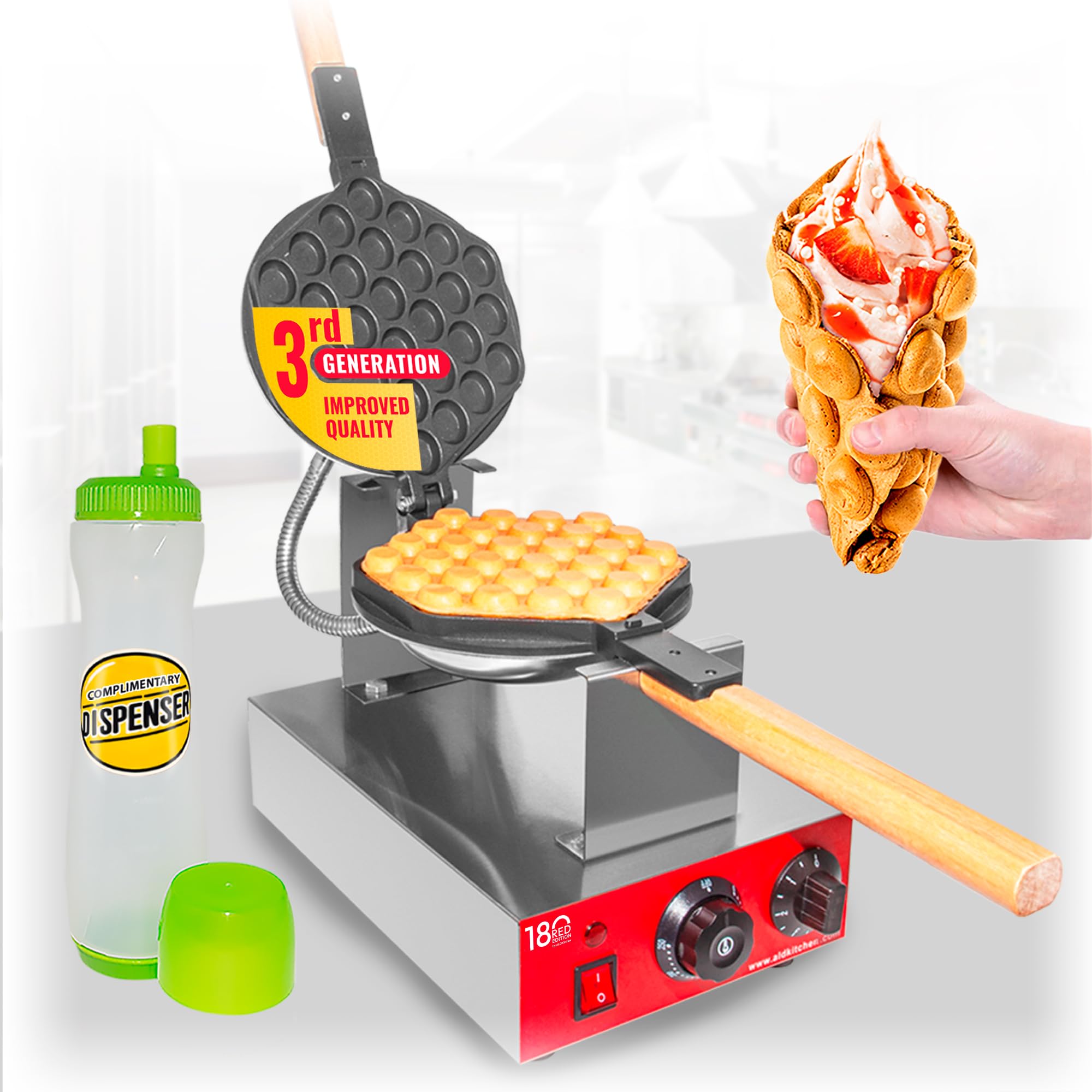 ALDKitchen Electric Bubble Waffle Maker with Nonstick Coating - 1-Head Egg Waffle Iron for Hong Kong Style Desserts, Breakfast & Party Snacks