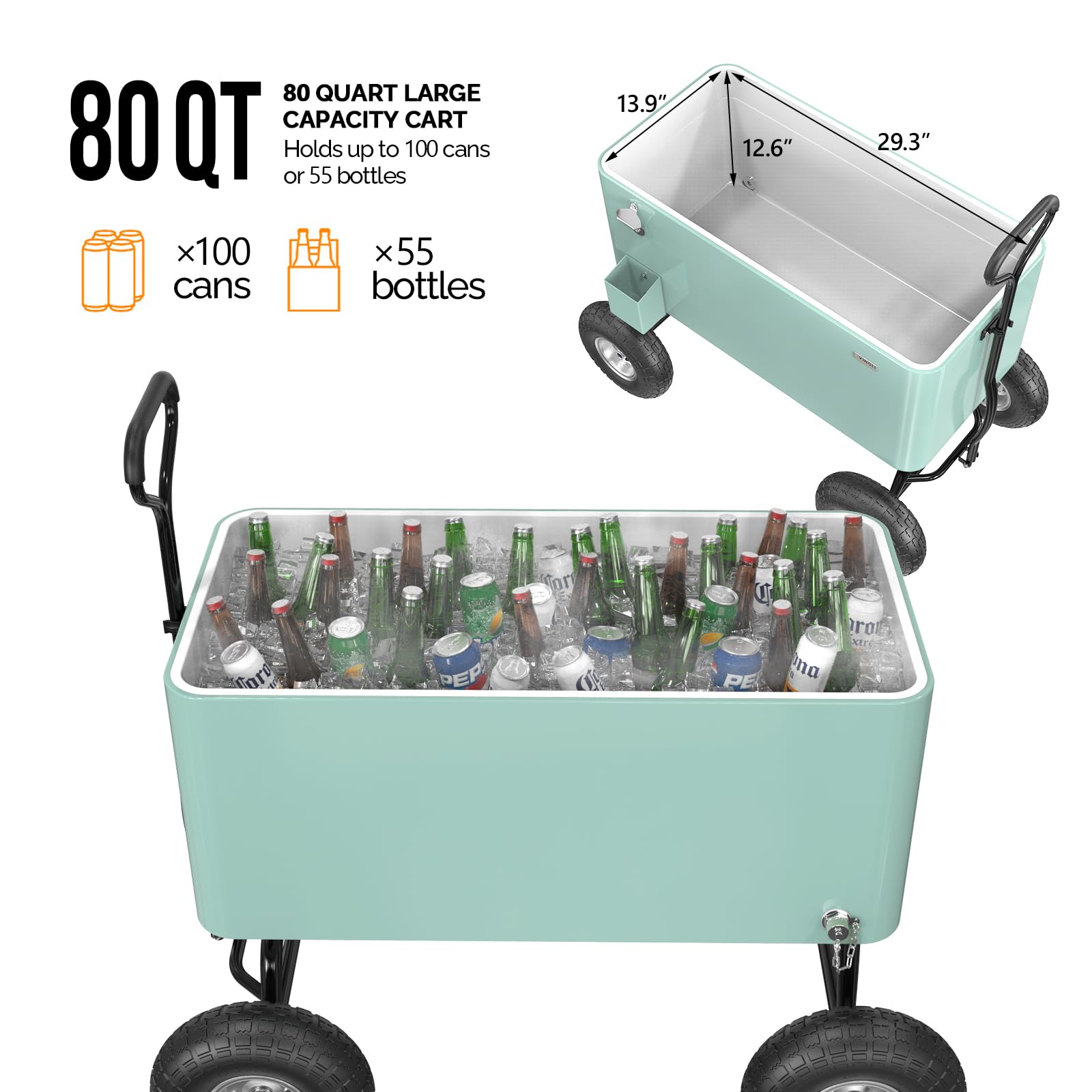 VINGLI 80 Quart Rolling Cooler with Wheels - Heavy Duty Ice Chest for Beach, Camping, Tailgating & Outdoor Parties - Portable Cooler Cart with Long Handle & 10