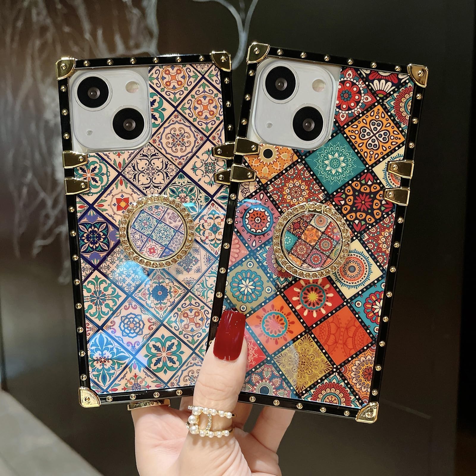 Retro Totem Blue Ray Phone Case for iPhone 13/14 with Glitter Holder Ring - Indian Hippie Bohemian Psychedelic Peacock Diamond Lattice Mandala Design - Shockproof Protective Cover (6.1 Inch) - Perfect for Festival, Travel & Boho Style Lovers