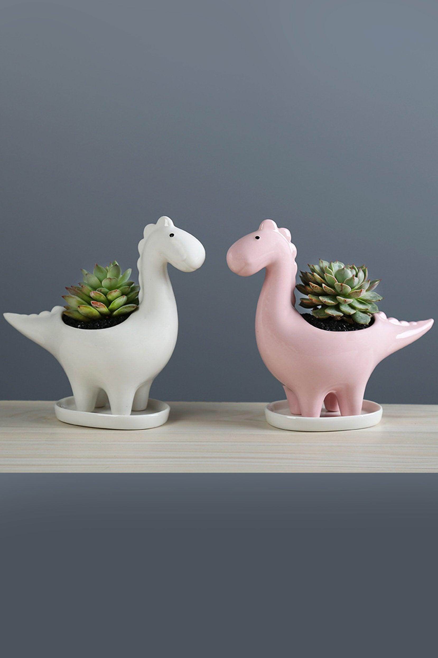 Dinosaur Planter for Succulents - Small Ceramic Flower Pot with Drainage Hole - Cute Home & Office Decor (Set of 1) - Perfect for Desk, Shelf, or Gift Idea