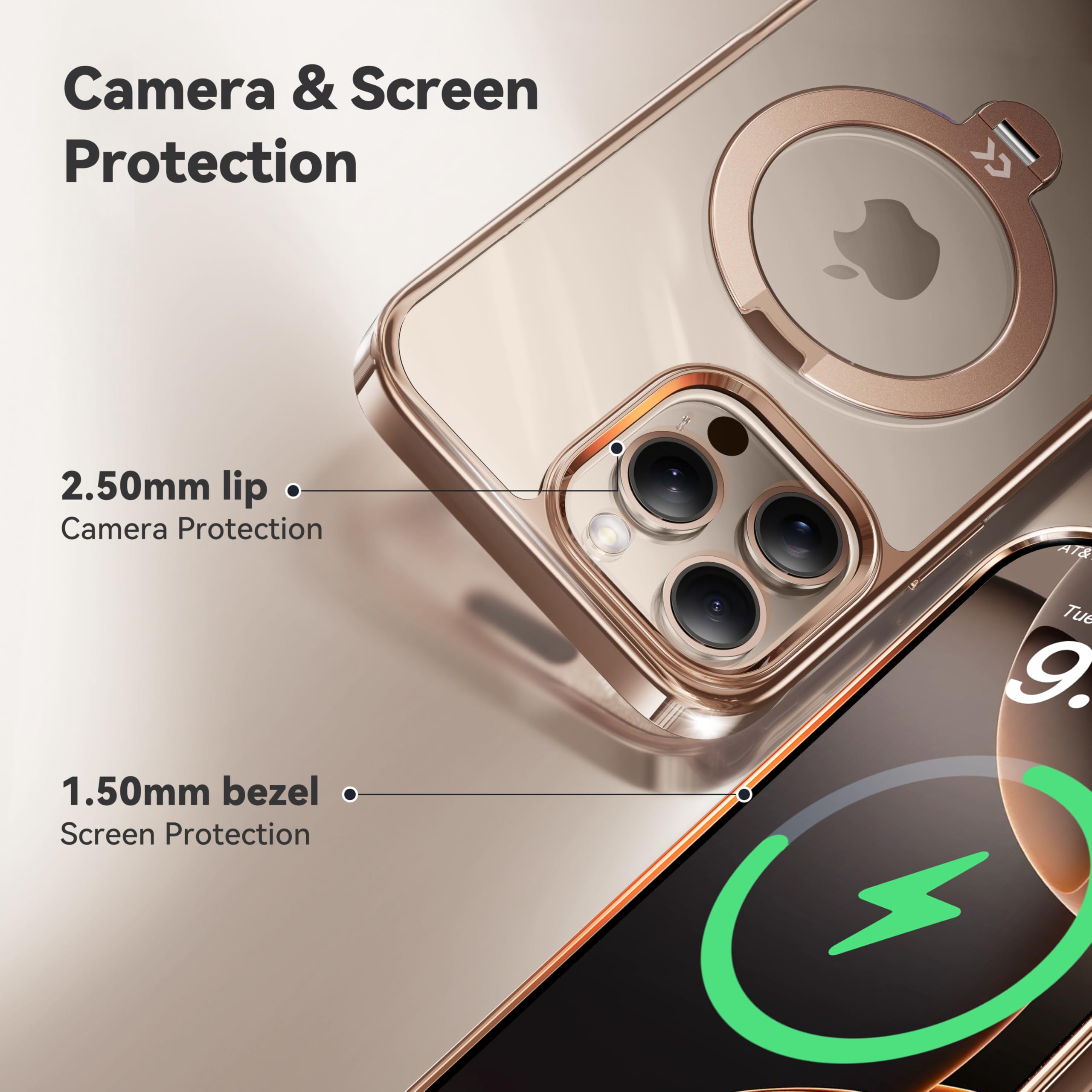 CASEKOO Titanium Magnetic Case for iPhone 16 Pro - 360° Rotating Stand | Magsafe Compatible | 16FT Military-Grade Protection | Clear Polished Finish with Rose Gold Kickstand (6.3