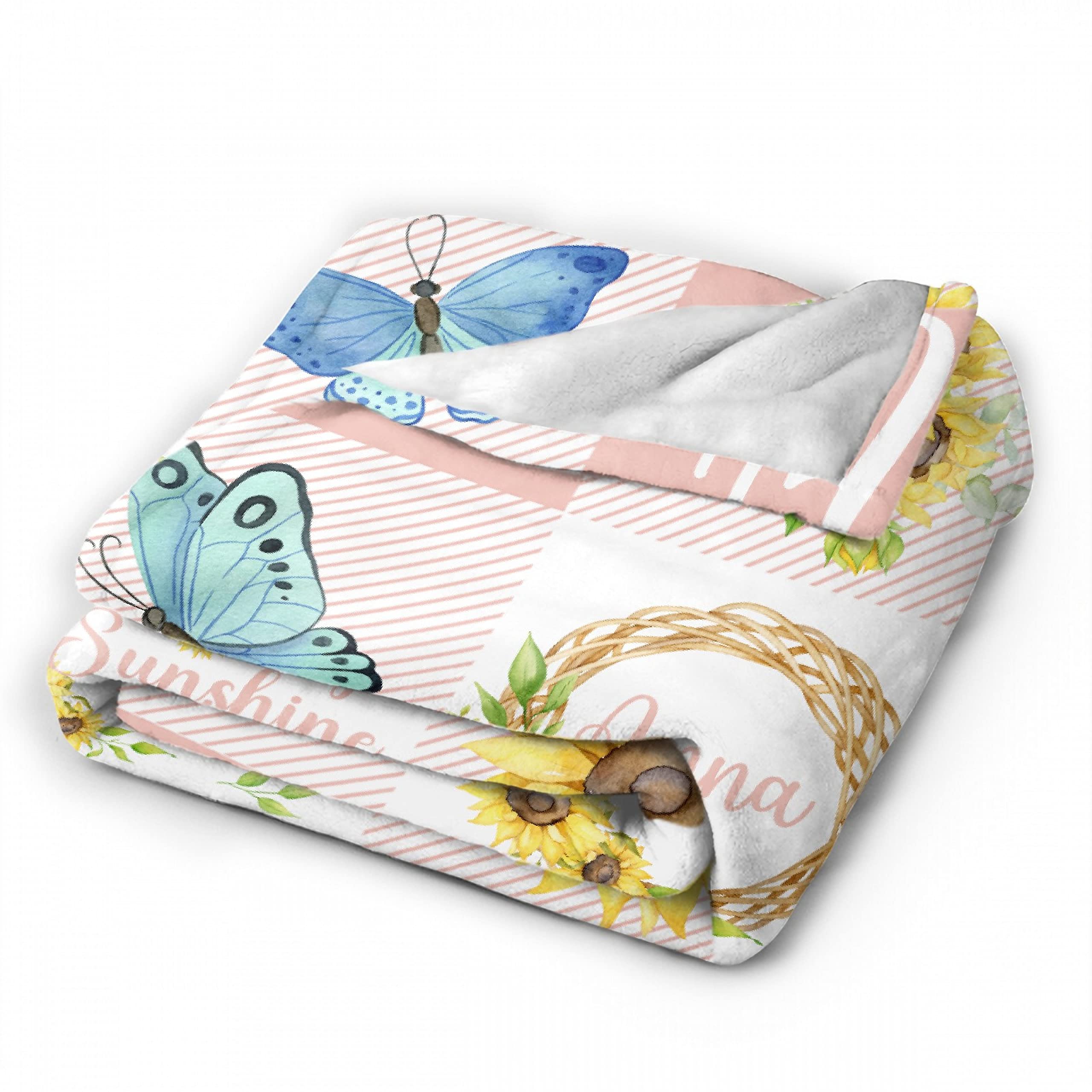 Personalized Baby Blankets for Girls & Boys - Custom Name Baby Blanket Gift | Soft Cozy Fleece Throw Quilt for Newborns & Toddlers | Sunflower Butterfly Design | XL Size for Nursery, Crib & Family Cuddles