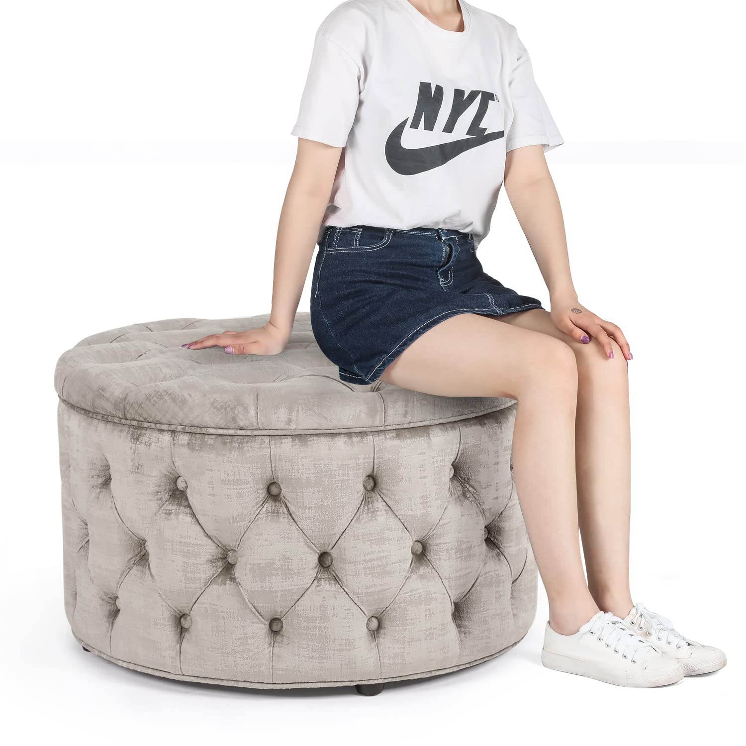 Joveco Round Storage Ottoman with Removable Top - Button Tufted Upholstered Bench, Coffee Table & Footrest Stool for Living Room, Bedroom & Entryway - Perfect for Extra Seating, Storage & Home Decor (Beige)