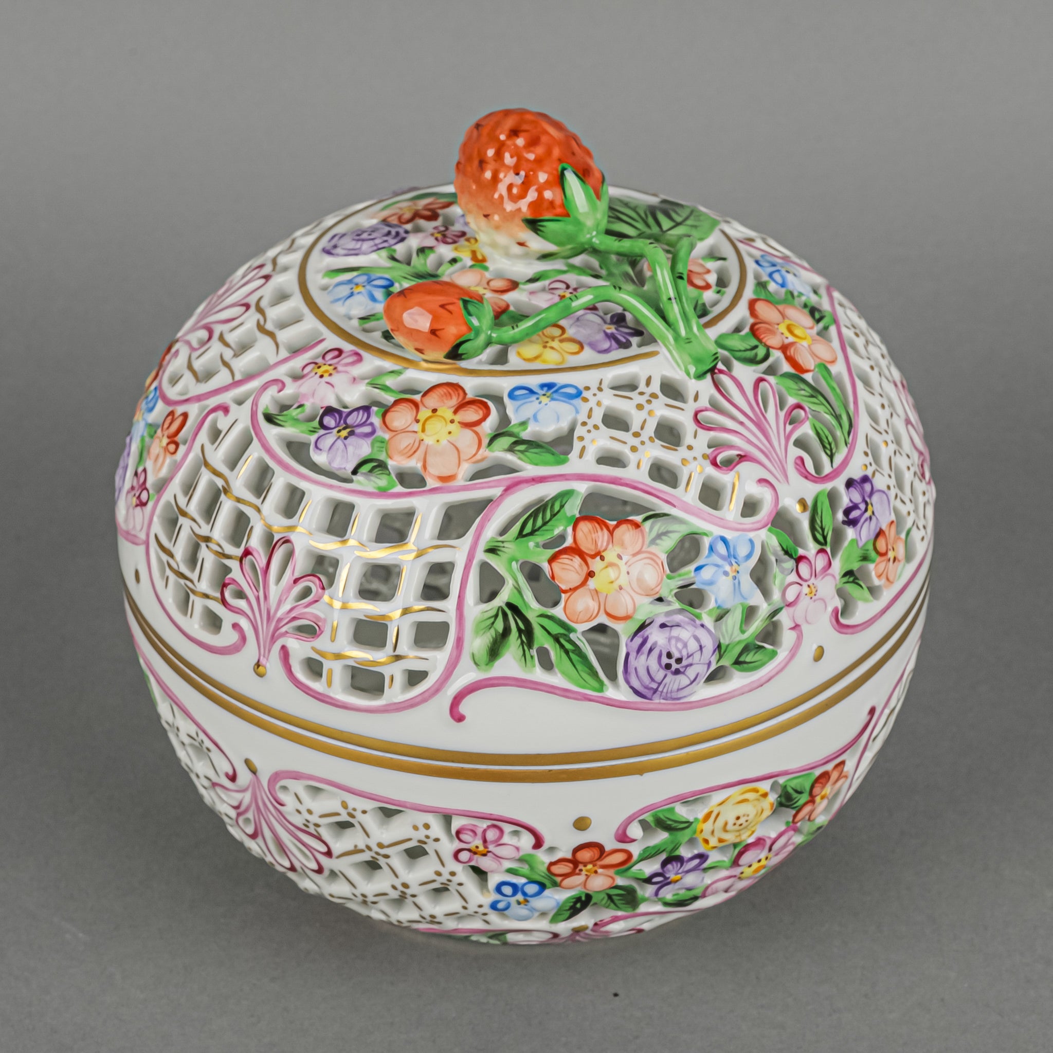 HEREND Open Work Bonbonniere with Strawberry Knob - Hand-Painted Porcelain Candy Dish for Home Decor, Wedding Favors & Gift Giving