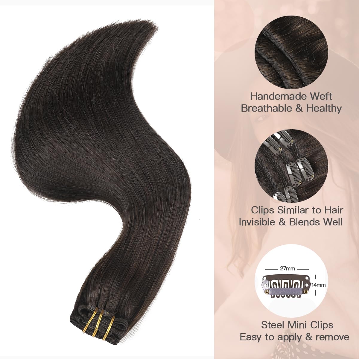 Silky Straight Clip-in Remy Human Hair Extensions for Women - 18 Inch Natural Black Hair Weft for Length & Volume - Perfect for Parties, Weddings & Daily Styling