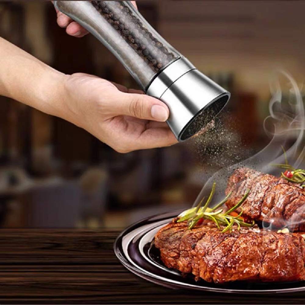 Premium Stainless Steel & Glass Salt and Pepper Grinder Set - Adjustable Coarseness, Refillable Tall Mills for Sea Salt, Black Peppercorn & Spices (2-Piece) - Perfect for Kitchen, Dining Table & Gourmet Cooking