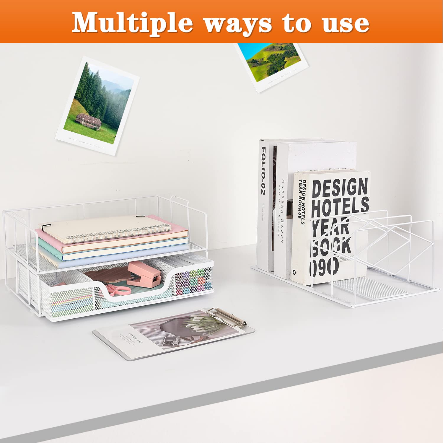 Gianotter White Desk Organizer with Sliding Drawer & Double Tray - 5-Section File Sorter for Office Supplies | Perfect for Home Office, School & Workspace Organization