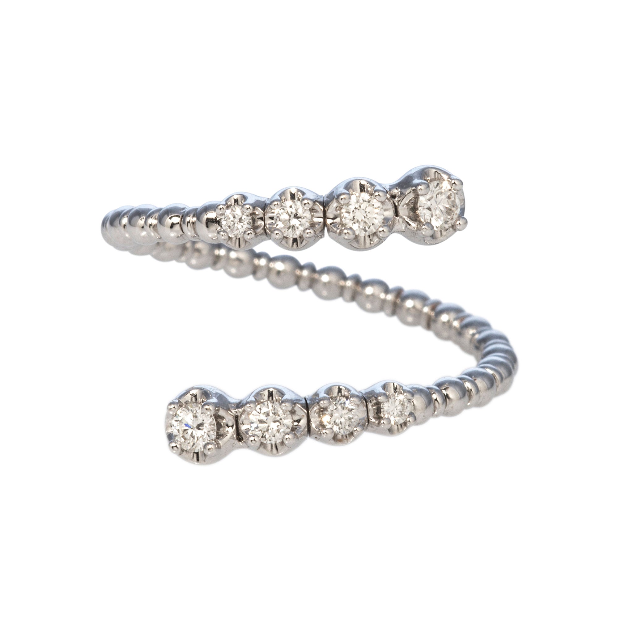 14K White Gold Diamond Beaded Flexible Bypass Ring for Women - Elegant Stackable Wedding Band, Anniversary Gift, Everyday Jewelry for Special Occasions