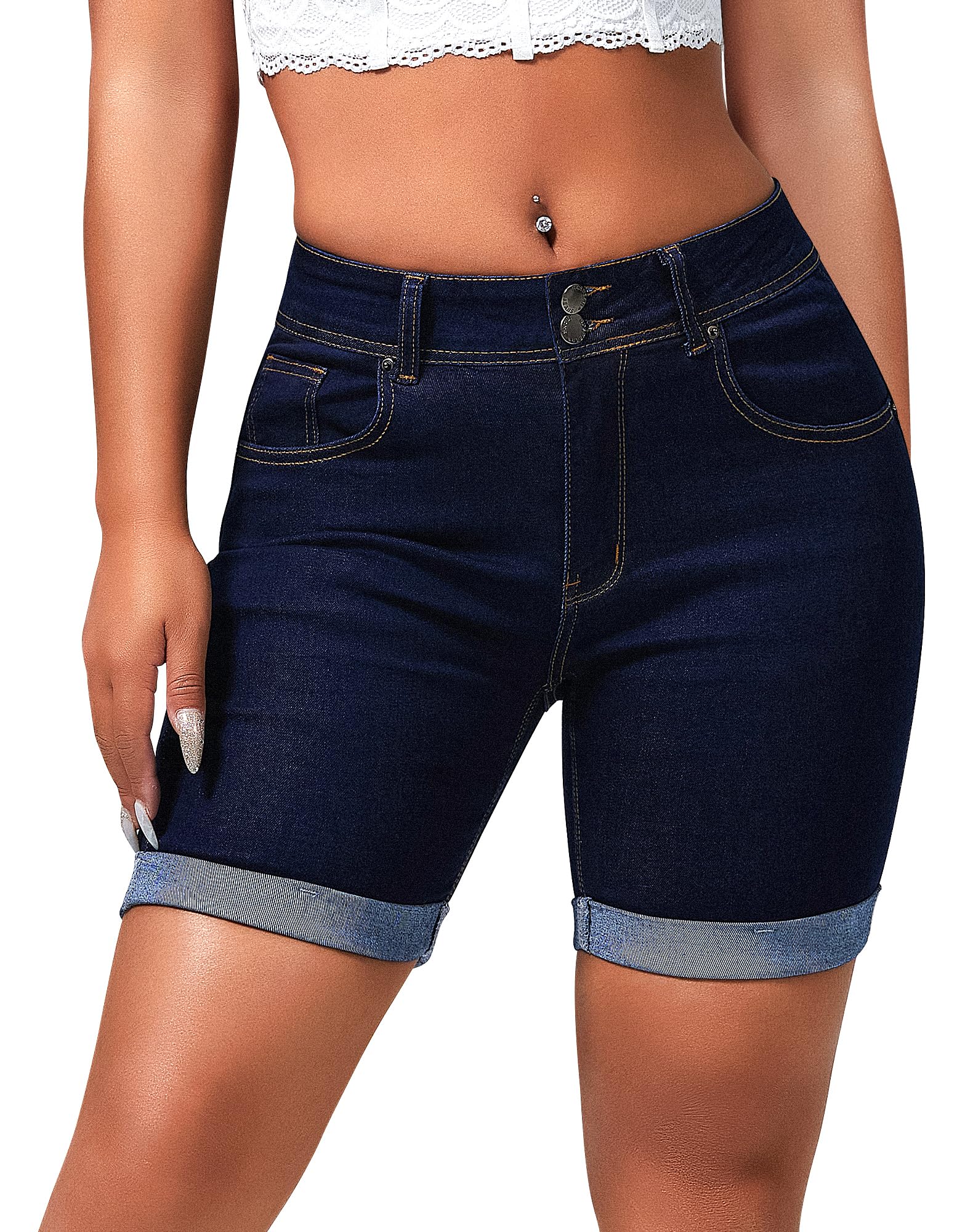 Roswear Women's Mid Rise Skinny Butt Lifting Stretchy Bermuda Jeans Shorts - Comfortable Denim Shorts for Summer, Casual Wear & Outdoor Activities