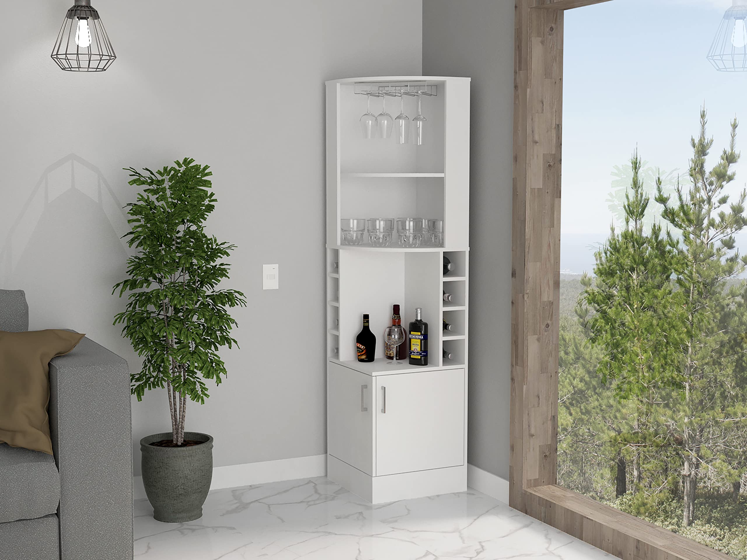 White Seattle Corner Bar Cabinet with 3 Open Shelves, Glass Rack & 8 Bottle Storage - Modern Home Bar Furniture for Living Room, Dining Room or Man Cave