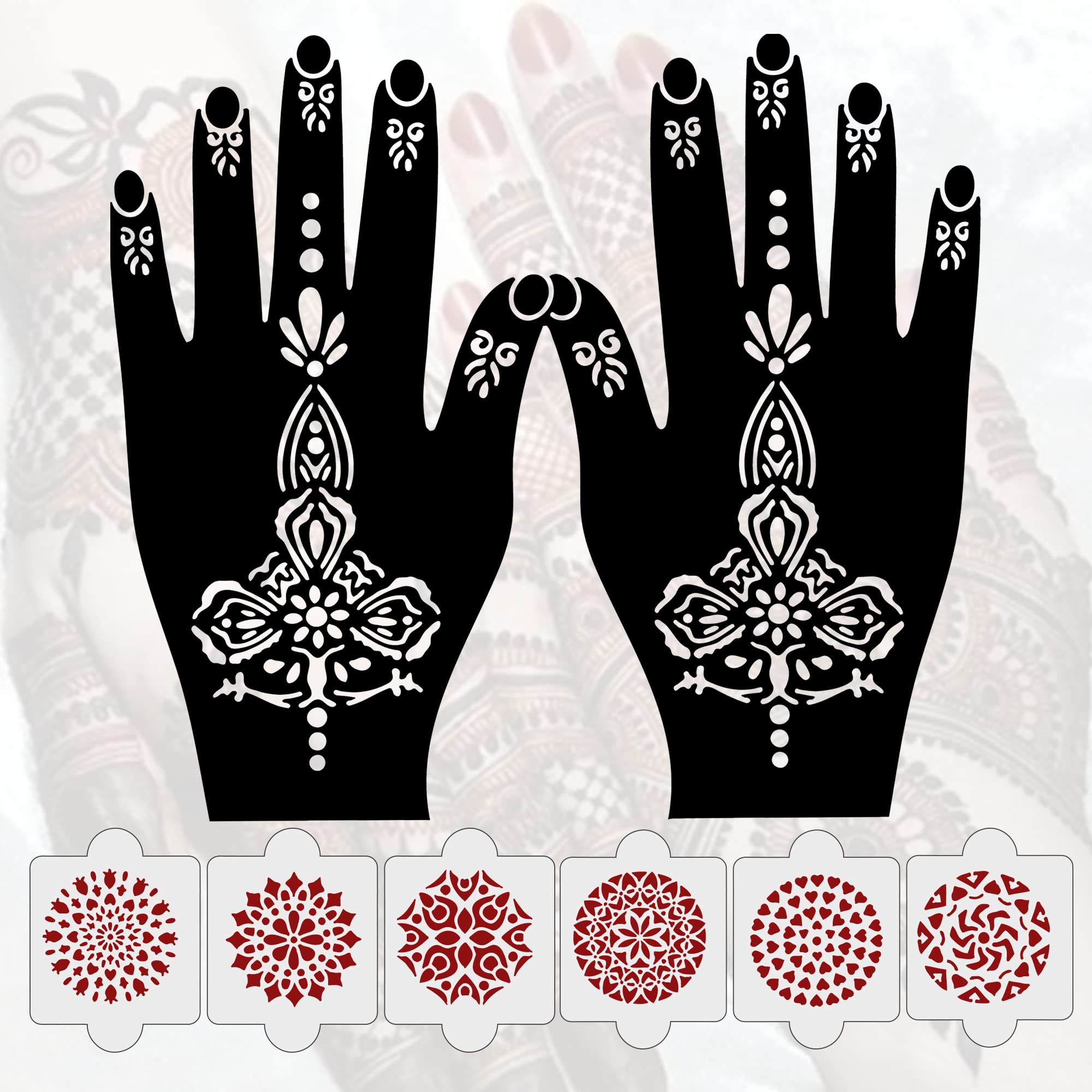 8 Pcs Henna Stencil Tattoo Kit - 2 Henna Stencils + 6 Reusable PVC Laser Cut Templates for Hands | Easy to Apply Mehndi Designs for Women, Girls & Kids | Perfect for Weddings, Festivals & DIY Body Art (IVNH-1012)