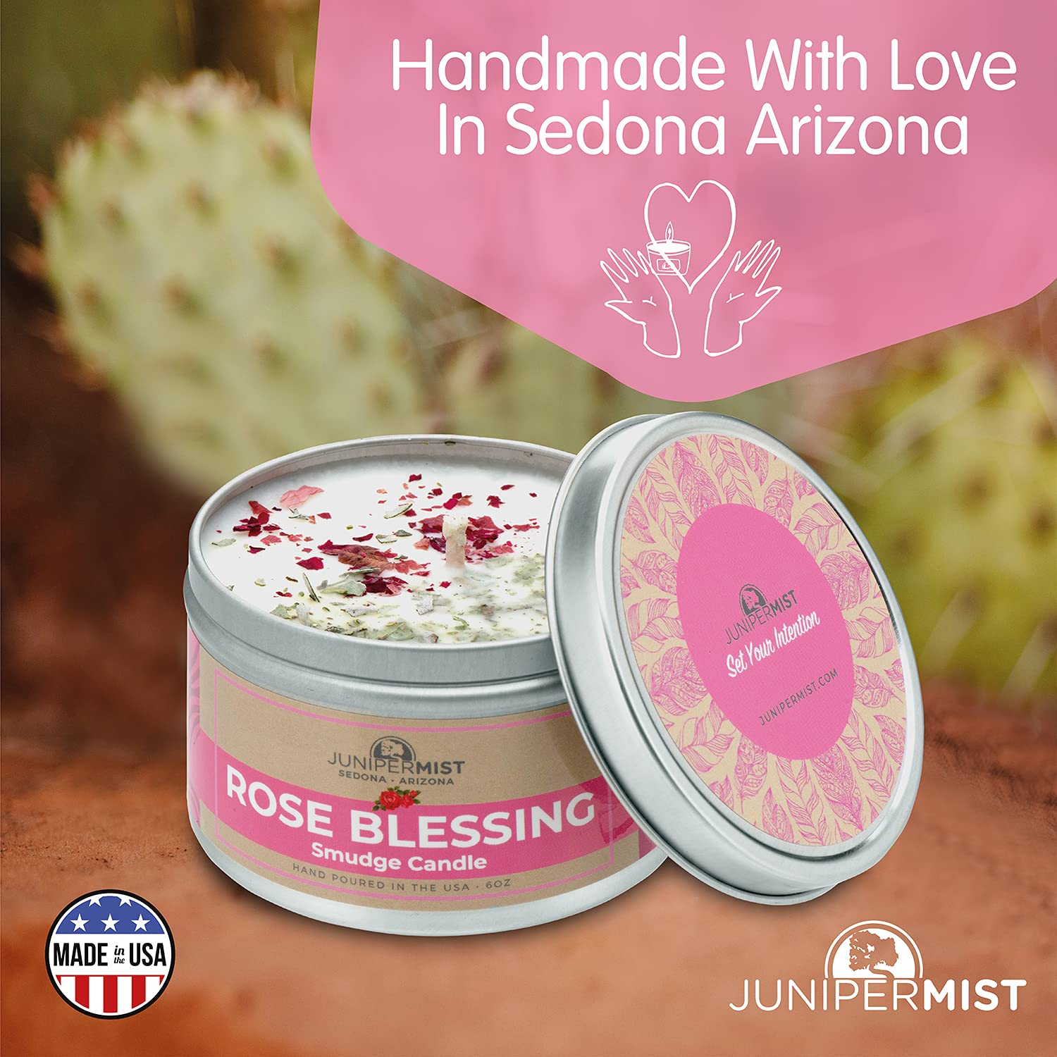 Rose Smudge Candle (6 Oz) - Natural Soy Wax & Essential Oils for Meditation, Cleansing Negative Energy - USA Made Smokeless Alternative to Sage Sticks - Perfect for Yoga, Home Relaxation & Spiritual Rituals