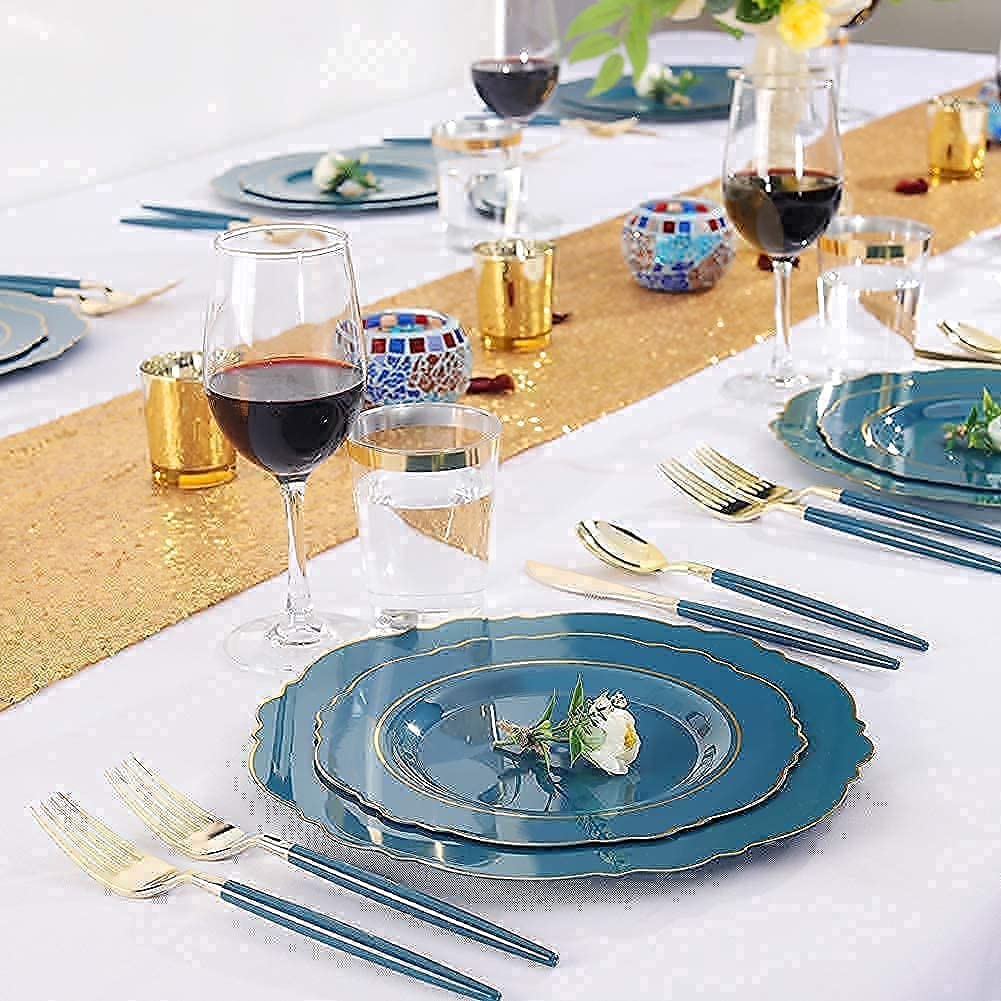 100-Pack Blue Plastic Plates with Gold Rim & Gold Disposable Cutlery Set - Elegant Purple Plastic Plates with Gold Silverware - Perfect for Weddings, Parties, and Catering Events
