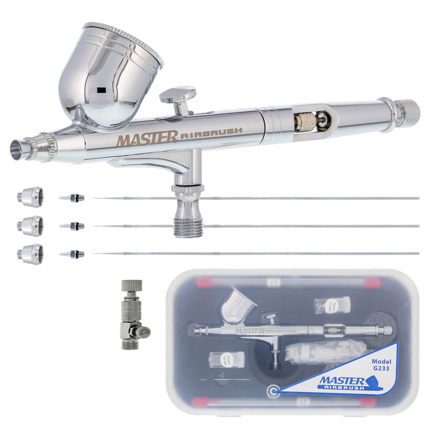 G233 Professional Airbrush Kit with 3 Nozzle Sets (0.2mm, 0.3mm & 0.5mm Needles) - Dual Action Gravity Feed Airbrush with 1/3oz Cup & Ergonomic Handle - Perfect for Model Painting, Nail Art, Cake Decorating & Tattoo Design