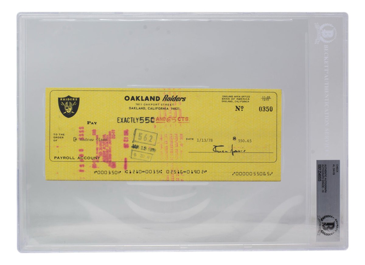 Authentic Al Davis Signed Oakland Raiders Bank Check #350 BGS Certified - Perfect for Raiders Memorabilia Collection, Sports Fan Gift, and NFL History Display