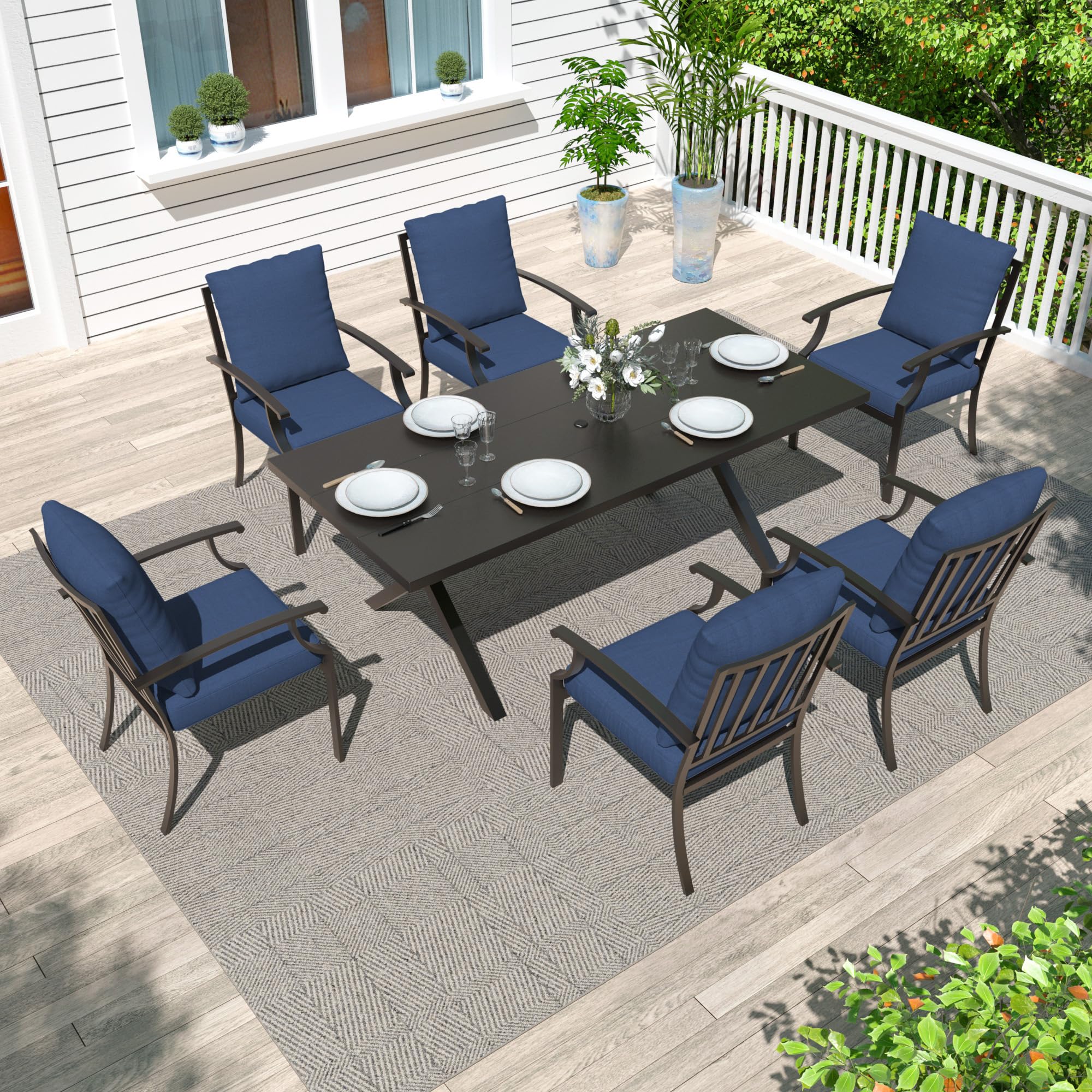 Gotland 7-Piece Outdoor Dining Set for 6 - Rectangular Patio Table with Umbrella Hole & Navy Chairs - Modern Metal Garden Furniture for Backyard, Lawn, Poolside & BBQ Entertaining