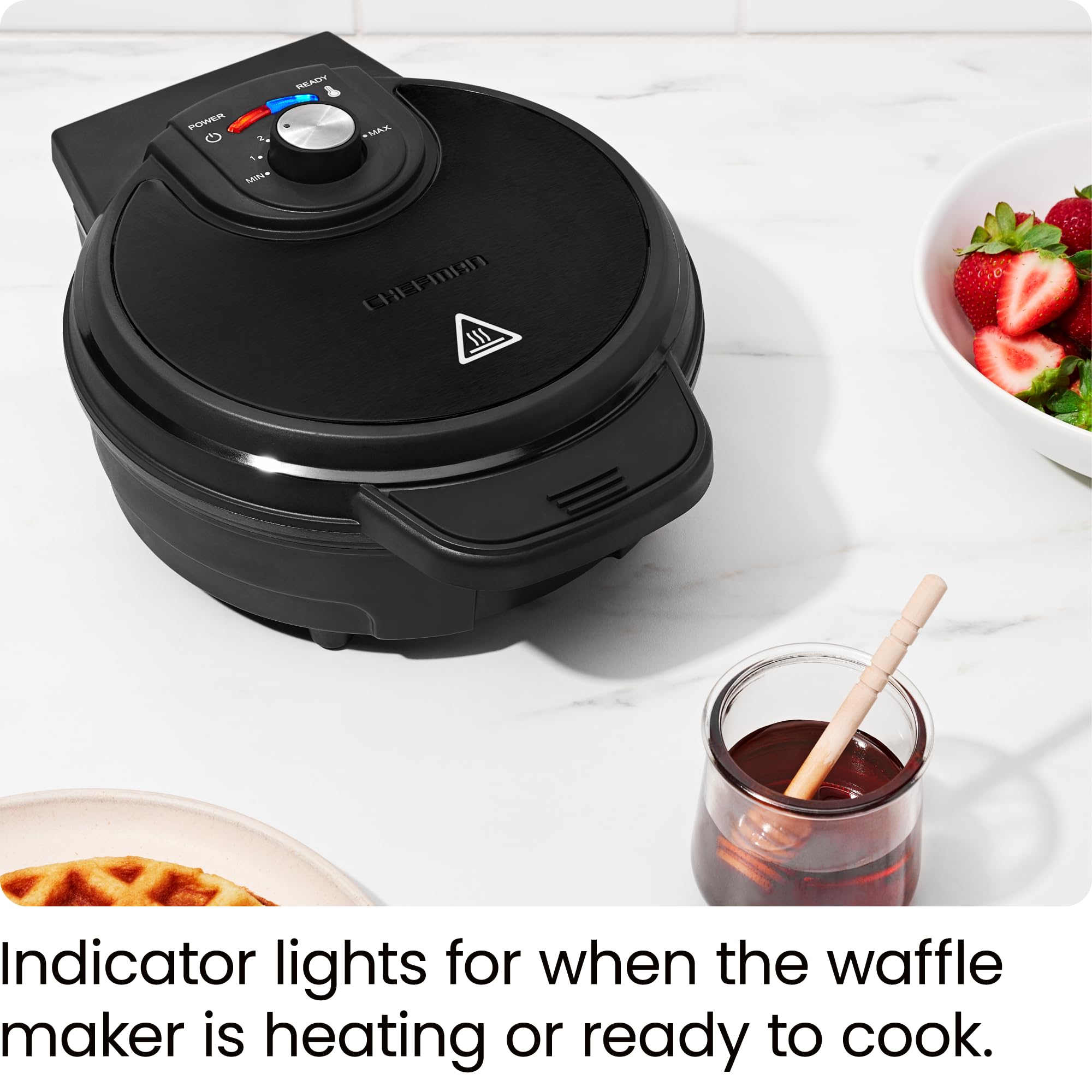 Chefman Anti-Overflow Belgian Waffle Maker with Shade Selector & Temperature Control - Nonstick Round Plates, Cool-Touch Handle, Measuring Cup - Black Stainless Steel - Perfect for Breakfast, Brunch & Family Gatherings