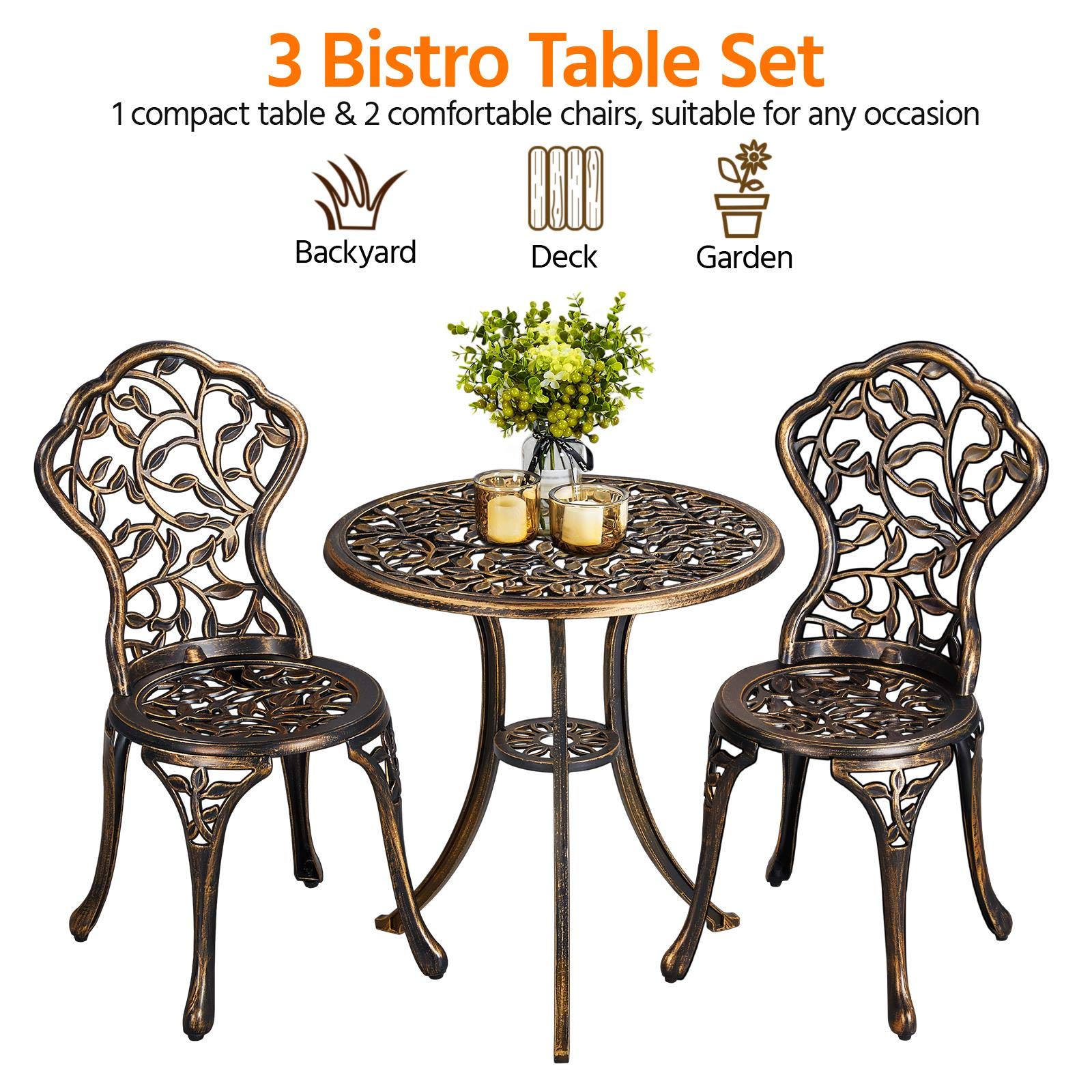 Topeakmart 3-Piece Outdoor Bistro Set - Cast Aluminum Patio Dining Chairs with Leaf Design - Perfect for Garden, Balcony & Backyard Relaxation
