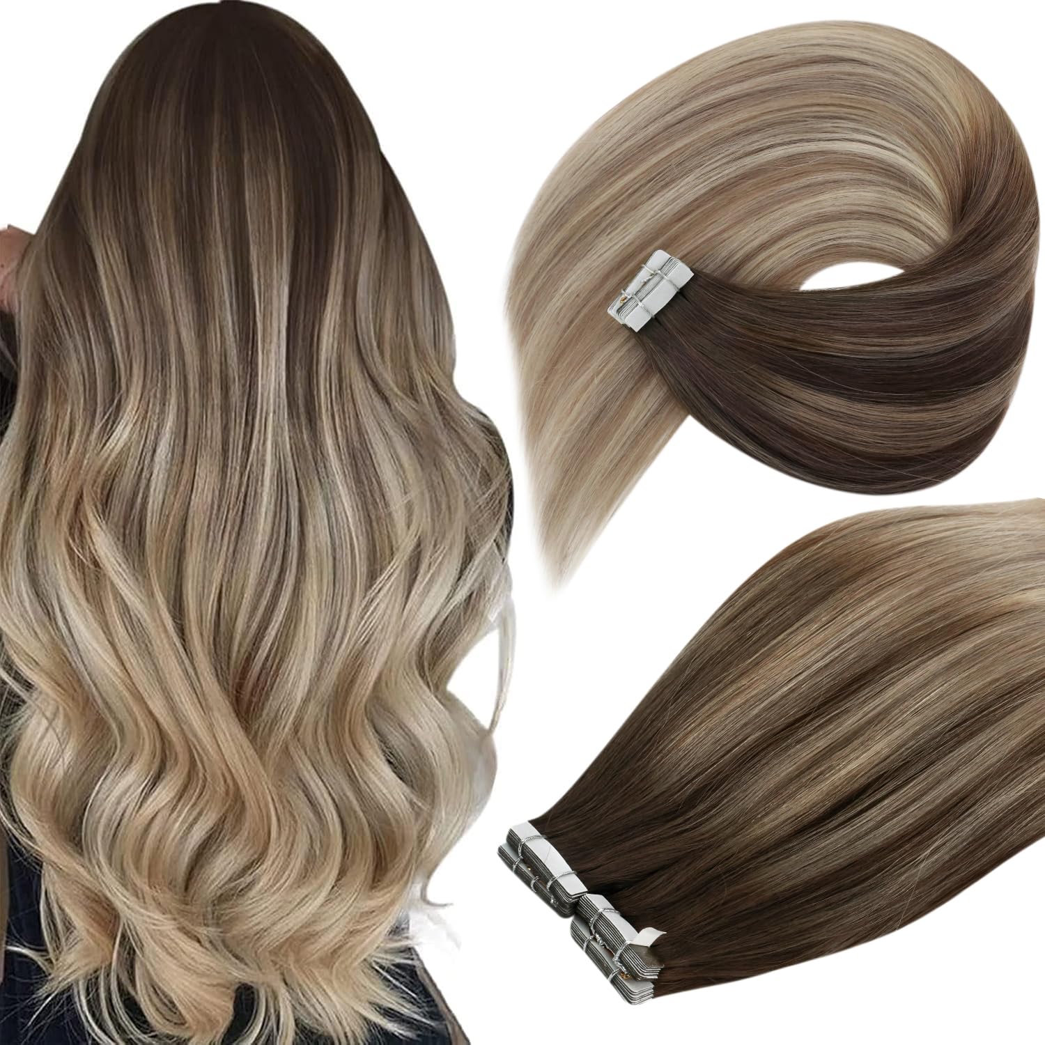 Ve Sunny 24 Inch Ombre Tape-in Hair Extensions - 20pcs 50g Real Human Hair (Dark Brown to Golden Blonde) for Length & Volume | Perfect for Weddings, Parties & Daily Styling