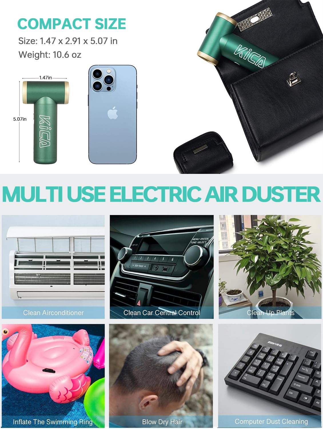 KiCA Rechargeable Electric Air Duster & Vacuum Cleaner Kit - 101,000 RPM High-Power Compressed Air Blower for Computer, Keyboard, Car Cleaning | Portable Dust Blower with Metal Shell | Perfect for Electronics, Home, Office & Auto Detailing (Jet Fan 2 Kit, Black)