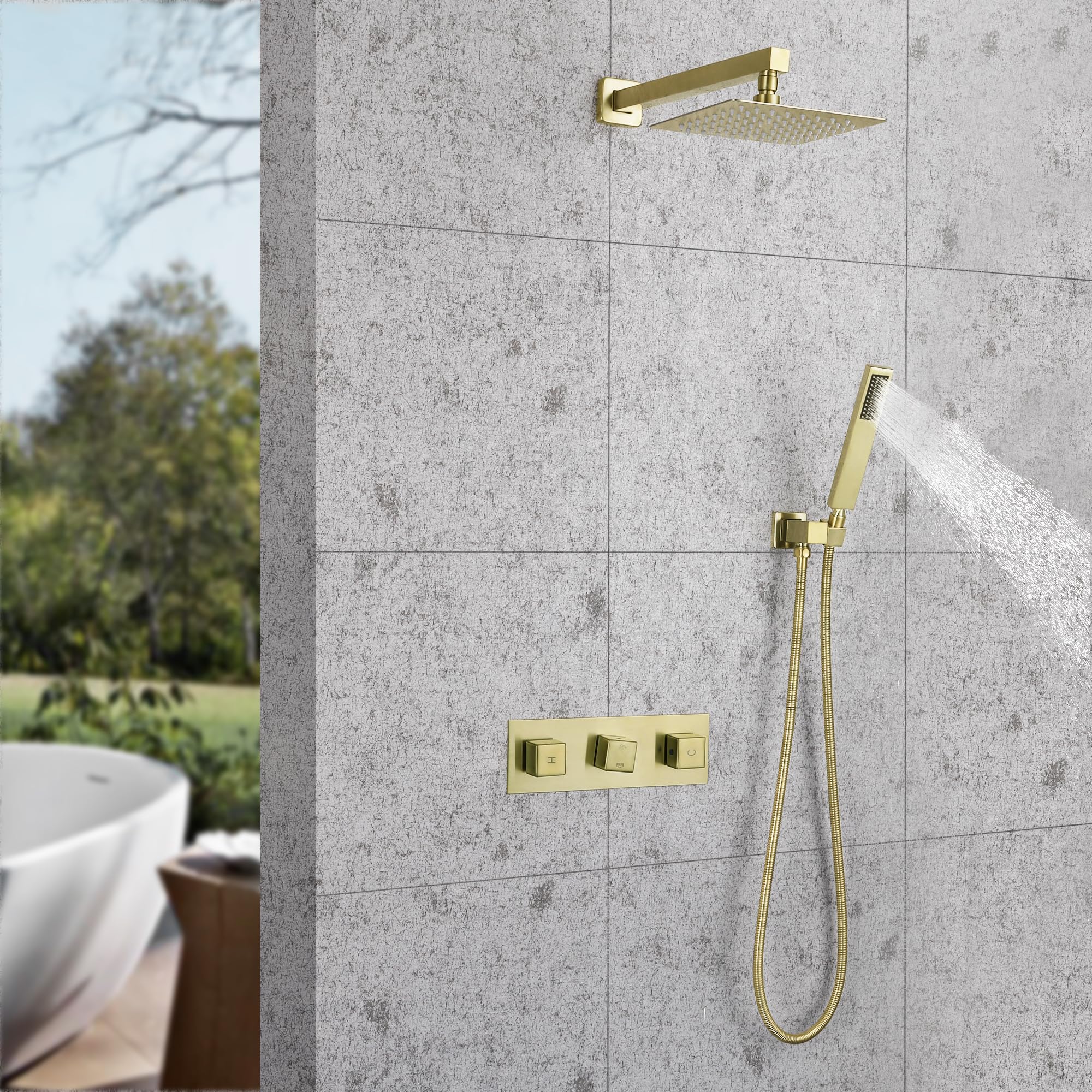SKOWLL 8 Inch Rainfall Shower System - Brushed Gold Wall Mounted Shower Head with Pressure Balancing Mixer Valve | Solid Brass Construction | Perfect for Luxurious Spa-Like Bathroom Experience