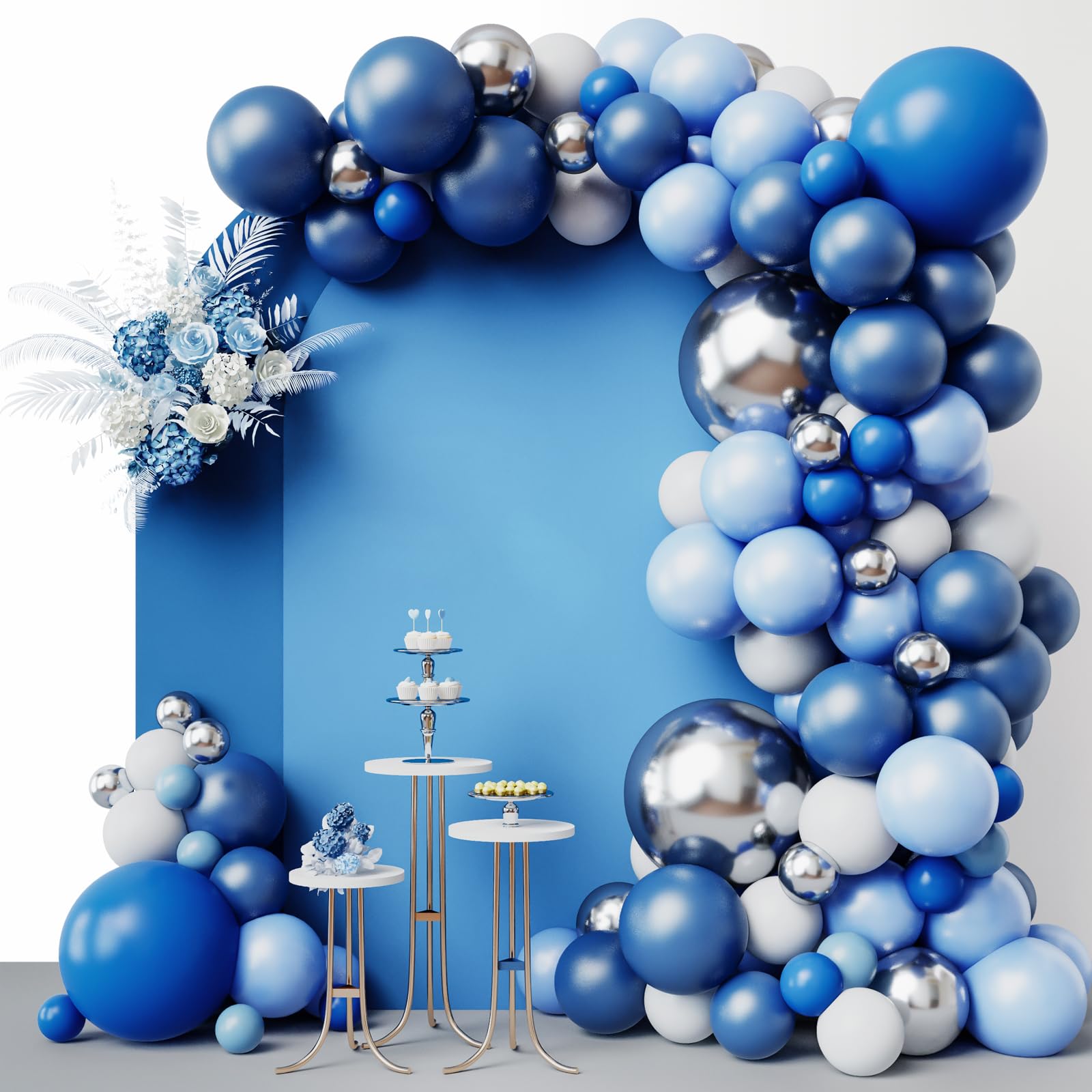 RUBFAC 144pcs Blue Balloons Arch Garland Kit - 18/12/10/5 Inch Blue, White & Silver Party Balloons with Confetti for Birthday, Wedding, Baby Shower Decorations | Perfect for Indoor & Outdoor Party Decor, Photo Backdrops, and Celebration Events