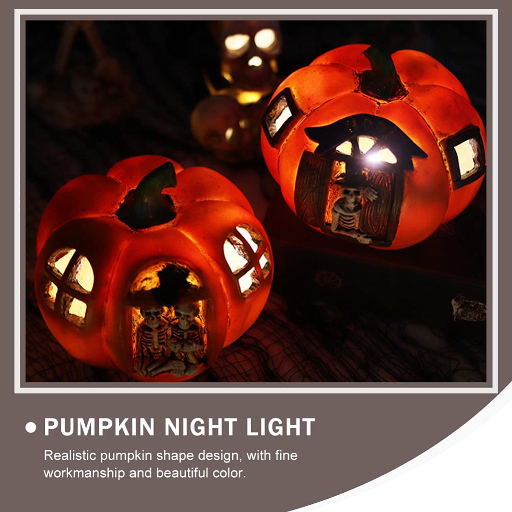 2pcs Halloween Pumpkin Table Lamp - Resin Jack-o-Lantern Night Light with Skull Design for Party Decor, Home & Office Halloween Decoration - Perfect for Spooky Atmosphere, Dinner Table Centerpiece & Holiday Lighting