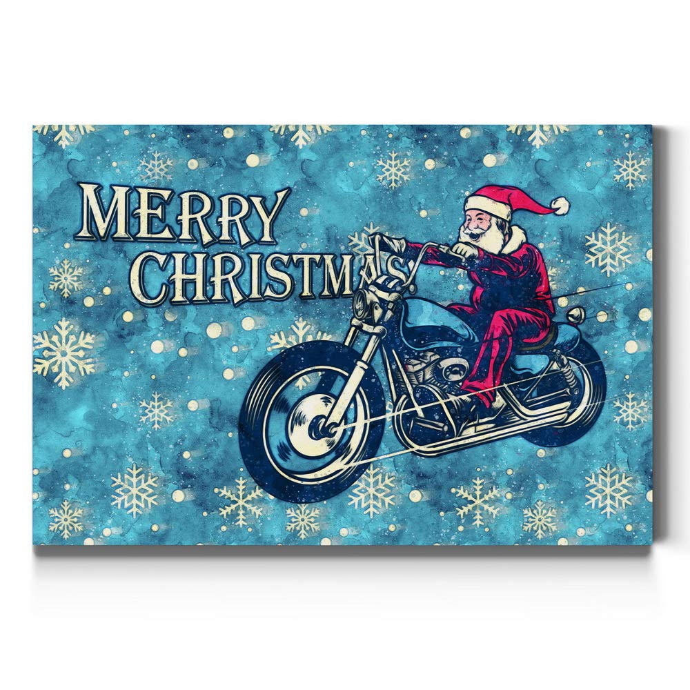 Motorcycle Teal Christmas Canvas Wall Art - 32x48 Inch Holiday Décor with Hot Chocolate & Gingerbread House Design - Perfect for Living Room, Bedroom, or Office Seasonal Decoration