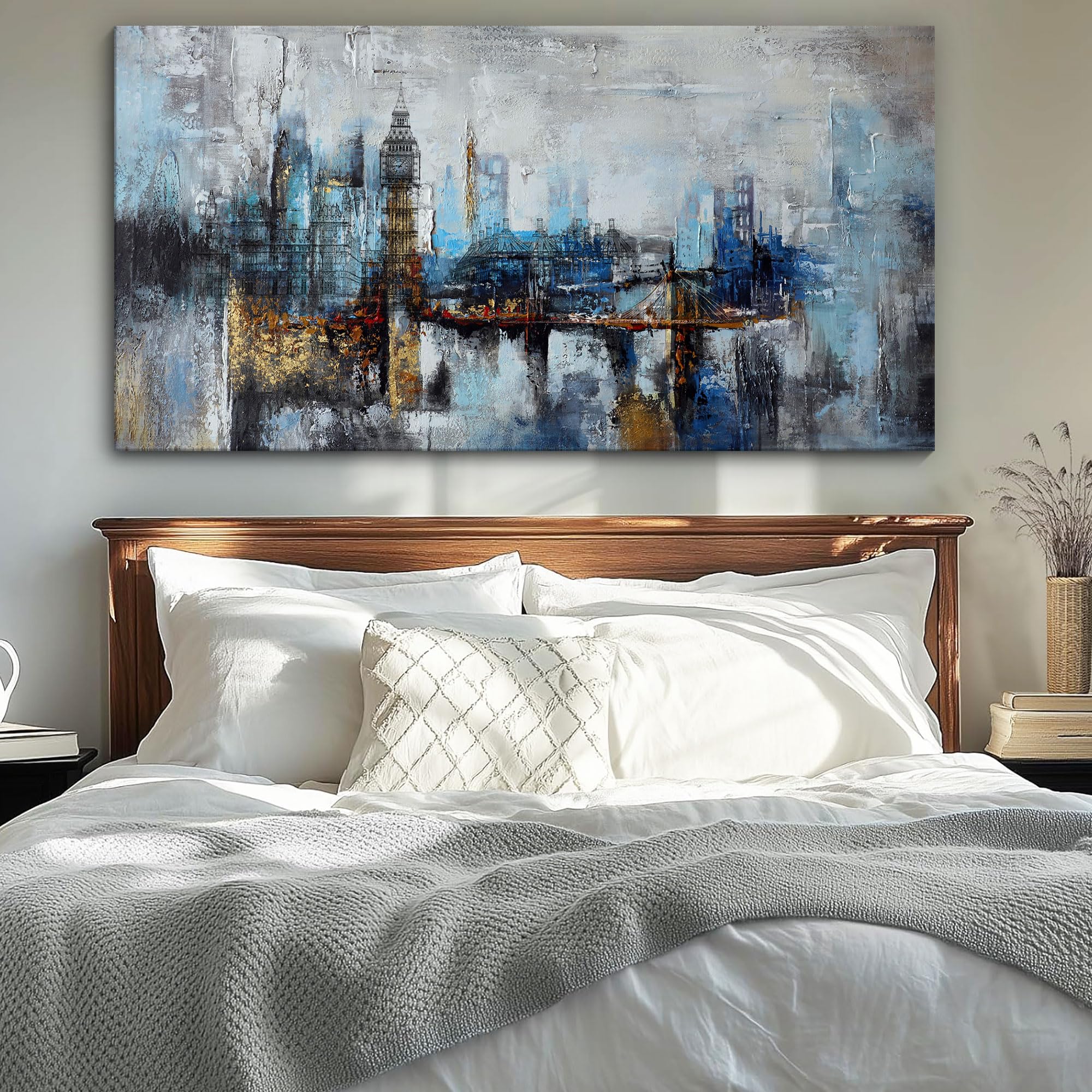 Large Abstract City View Canvas Wall Art - Modern Gray Blue Buildings Print for Bedroom, Living Room & Office Decor - 29x58 Inches - Perfect for Contemporary Home & Workspace Styling