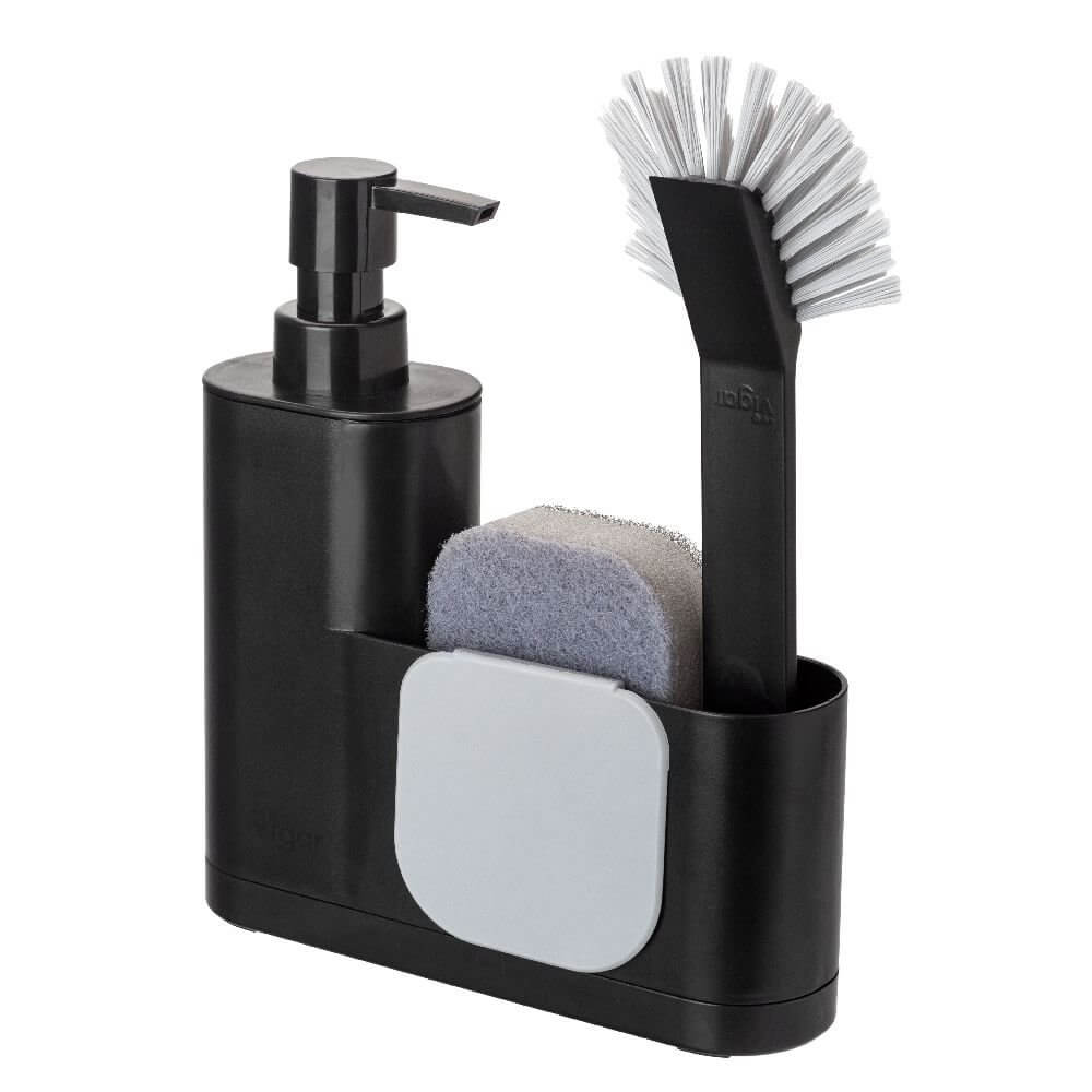 Vigar Rengo Monobloc Sink Caddy & Soap Dispenser - Black | Kitchen Organizer for Sponges, Brushes & Cleaning Supplies | Perfect for Bathroom & Kitchen Countertops