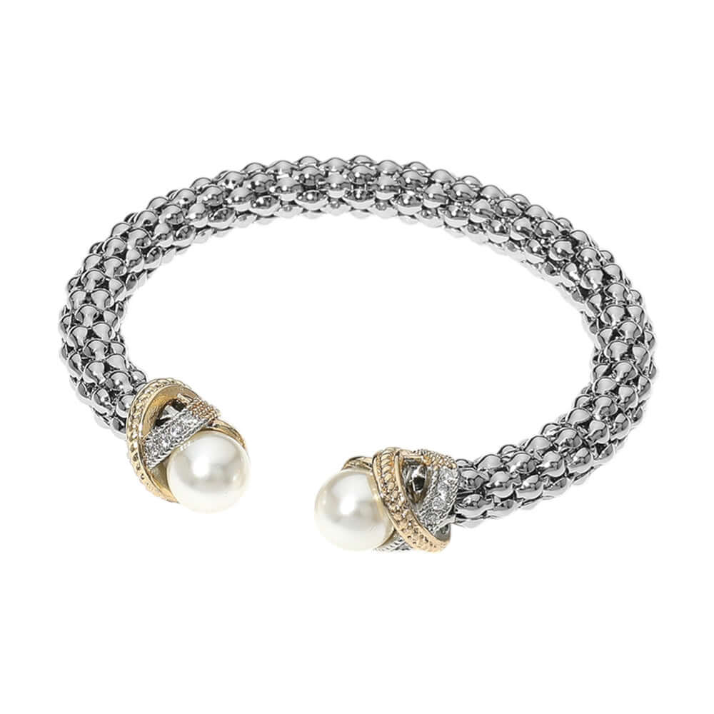 CZ Stone Crisscross Pearl Tip Bubble Cuff Bracelet for Women - Elegant Boho Jewelry for Parties, Weddings & Special Occasions