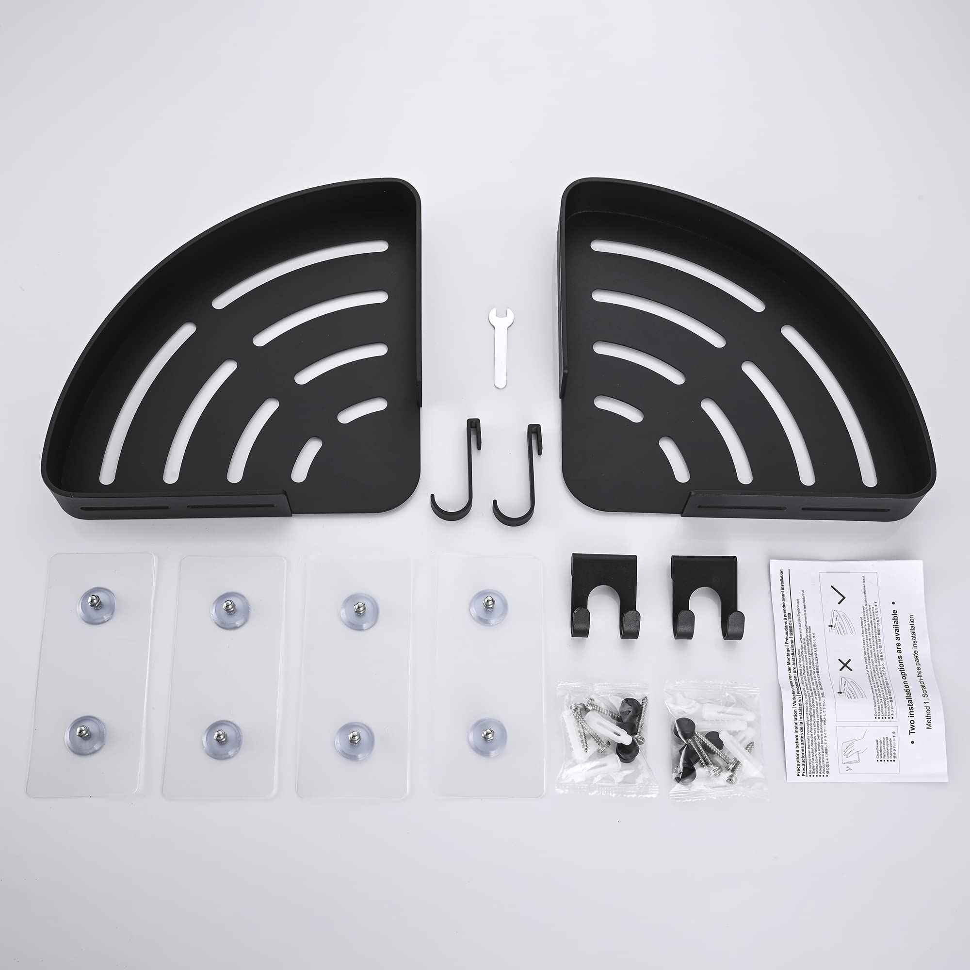 TRUSTLIFE 2-Pack Black Adhesive Shower Caddy Organizer - No Drill Aluminum Wall Mounted Bathroom Corner Shelf with Hooks for Wetroom - Perfect for Small Spaces, Shower Storage & Bathroom Organization
