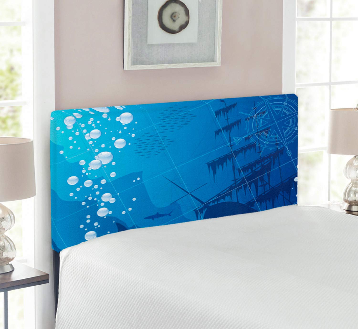 Ambesonne Nautical Twin Size Headboard - Underwater Sharks & Vintage Ship Compass Design with Memory Foam - Blue & White Upholstered Metal Bed Frame for Coastal & Nautical Bedroom Decor | Perfect for Kids Rooms, Beach Houses & Ocean-Themed Interiors