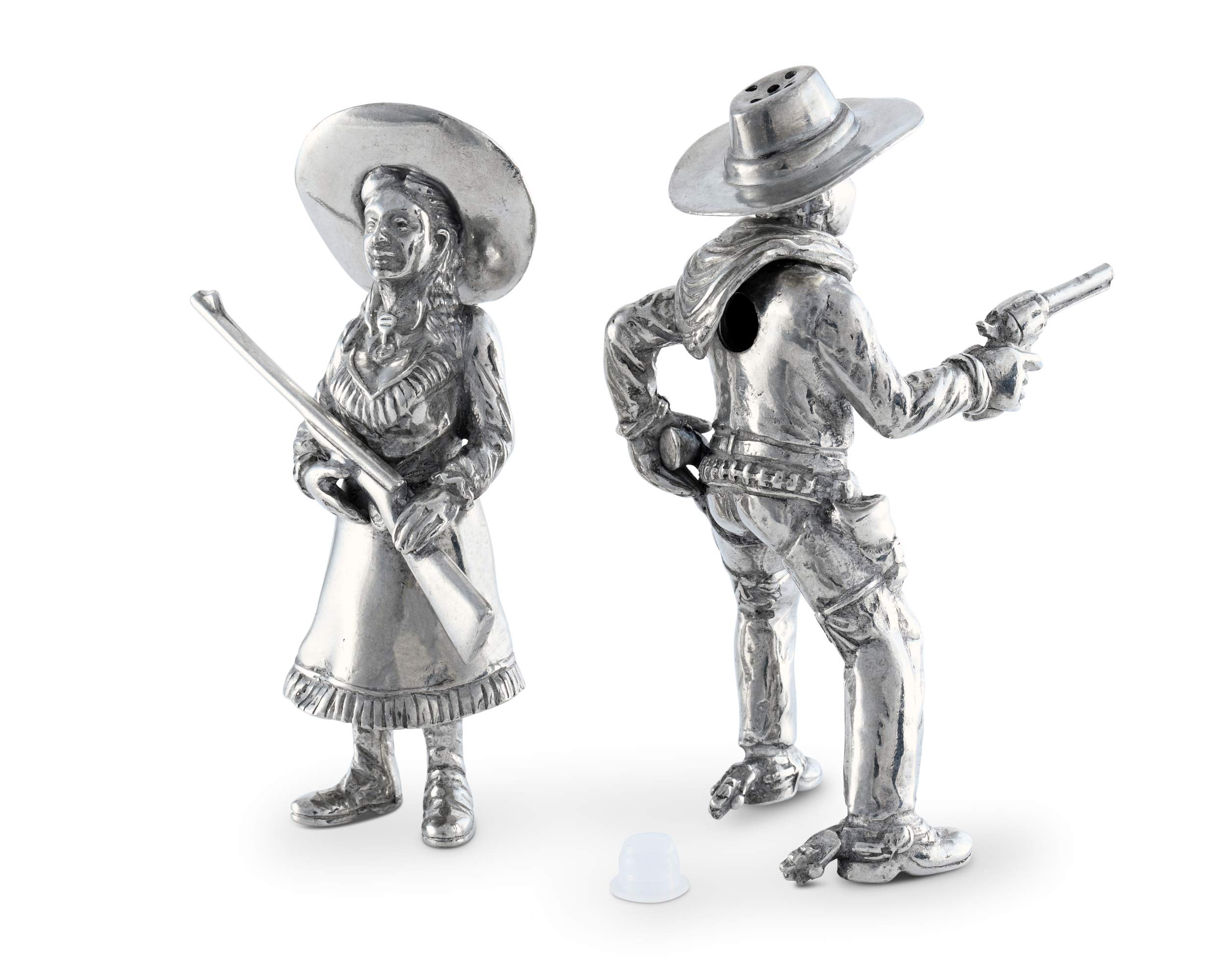 Vagabond House Pewter Cowboy & Cowgirl Salt and Pepper Shaker Set - 5 Inch Tall Western-Themed Kitchen Decor for Ranch, BBQ, and Country Style Dining