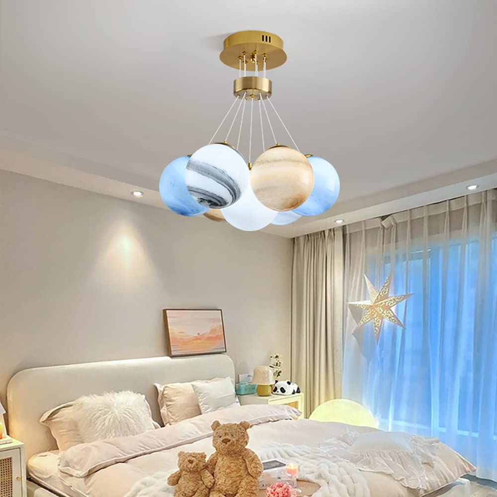 Unique Planet Chandelier - Bubbles Ball Shape Glass Pendant Light Fixture - 7-Light Decorative Ceiling Chandelier for Dining Room, Bedroom & Living Room Lighting