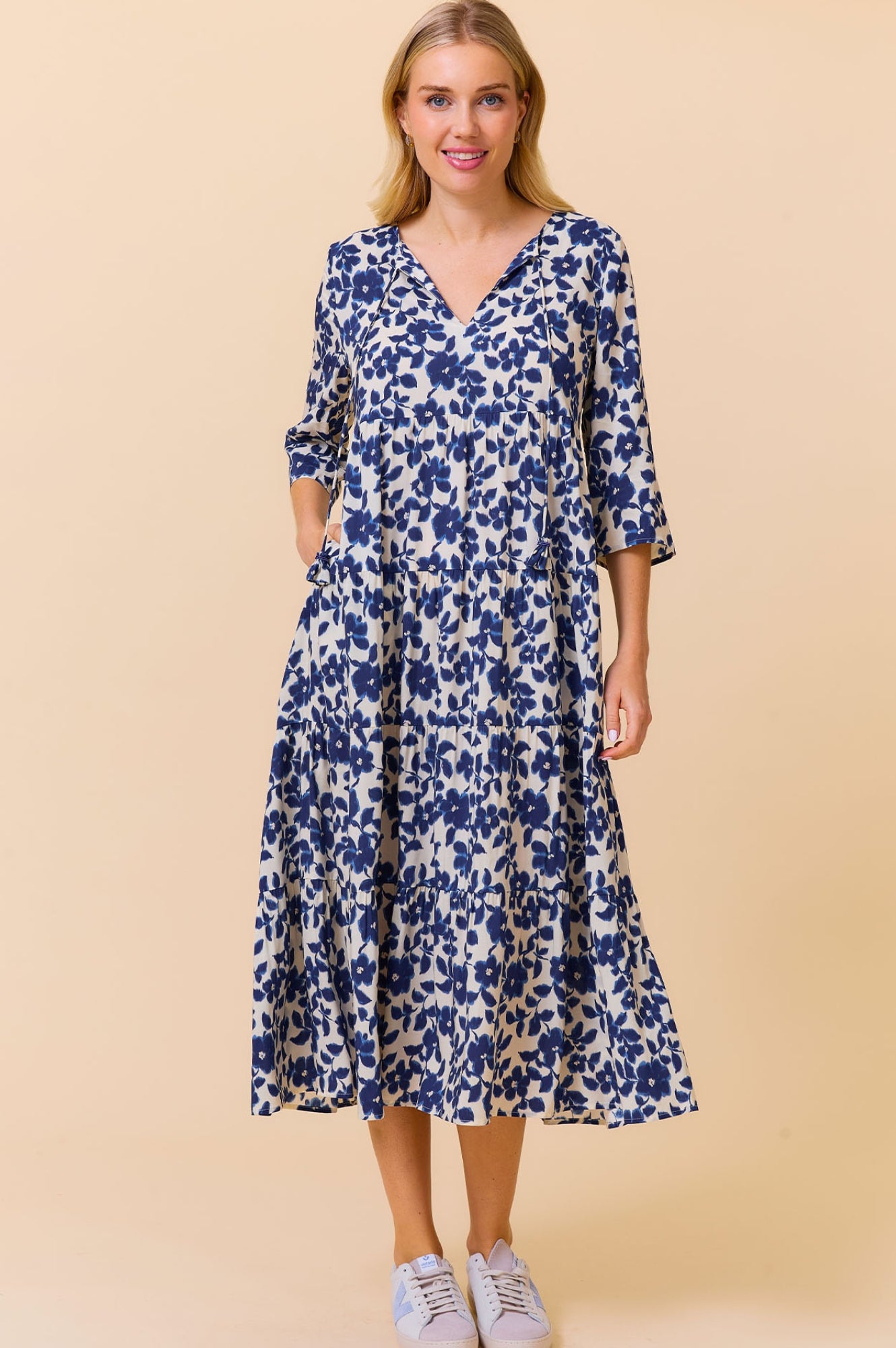 Emma EcoVero™ Midi Dress - Blossom Cream/Navy | Sustainable Women's Floral Summer Dress for Casual Wear, Beach & Outdoor Activities