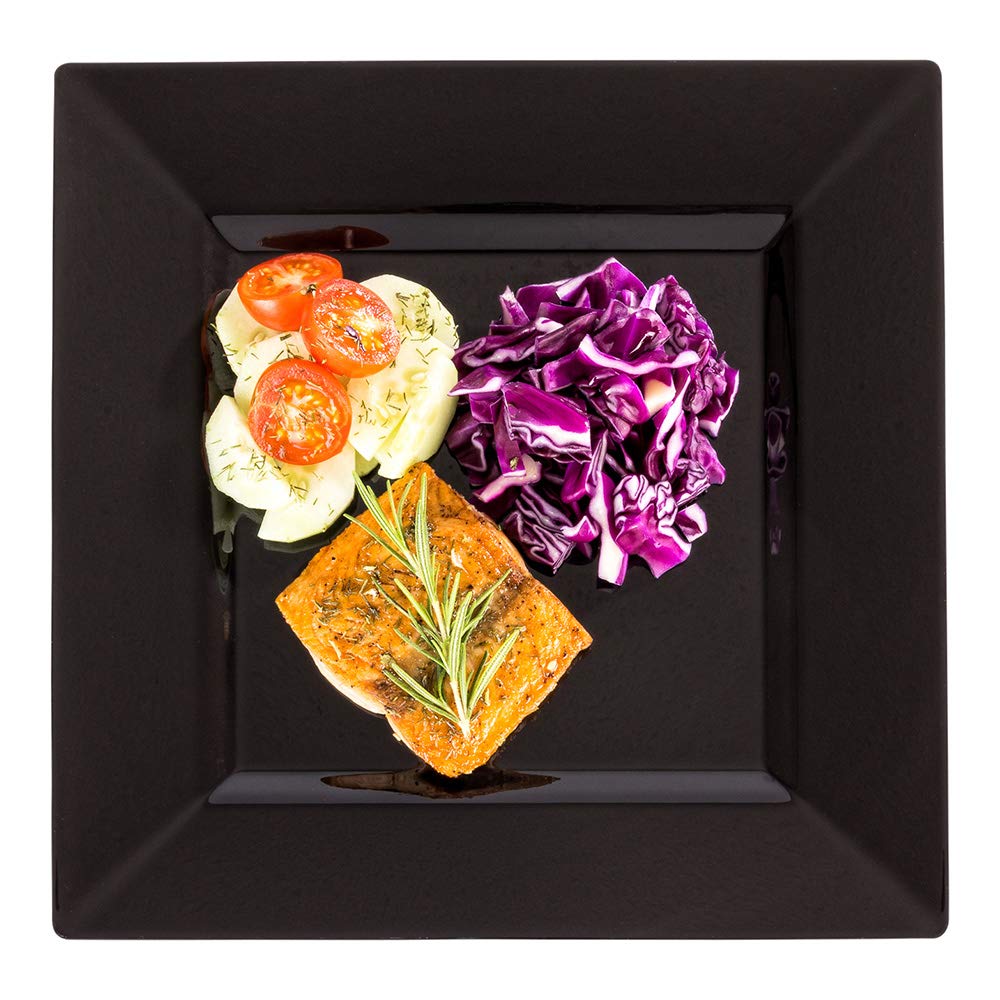 100-Pack 9.5 x 9.5 Inch Square Disposable Plastic Dinner Plates - Durable Black Restaurantware for Appetizers, Desserts & Party Serving | Perfect for Catering, BBQs & Special Events