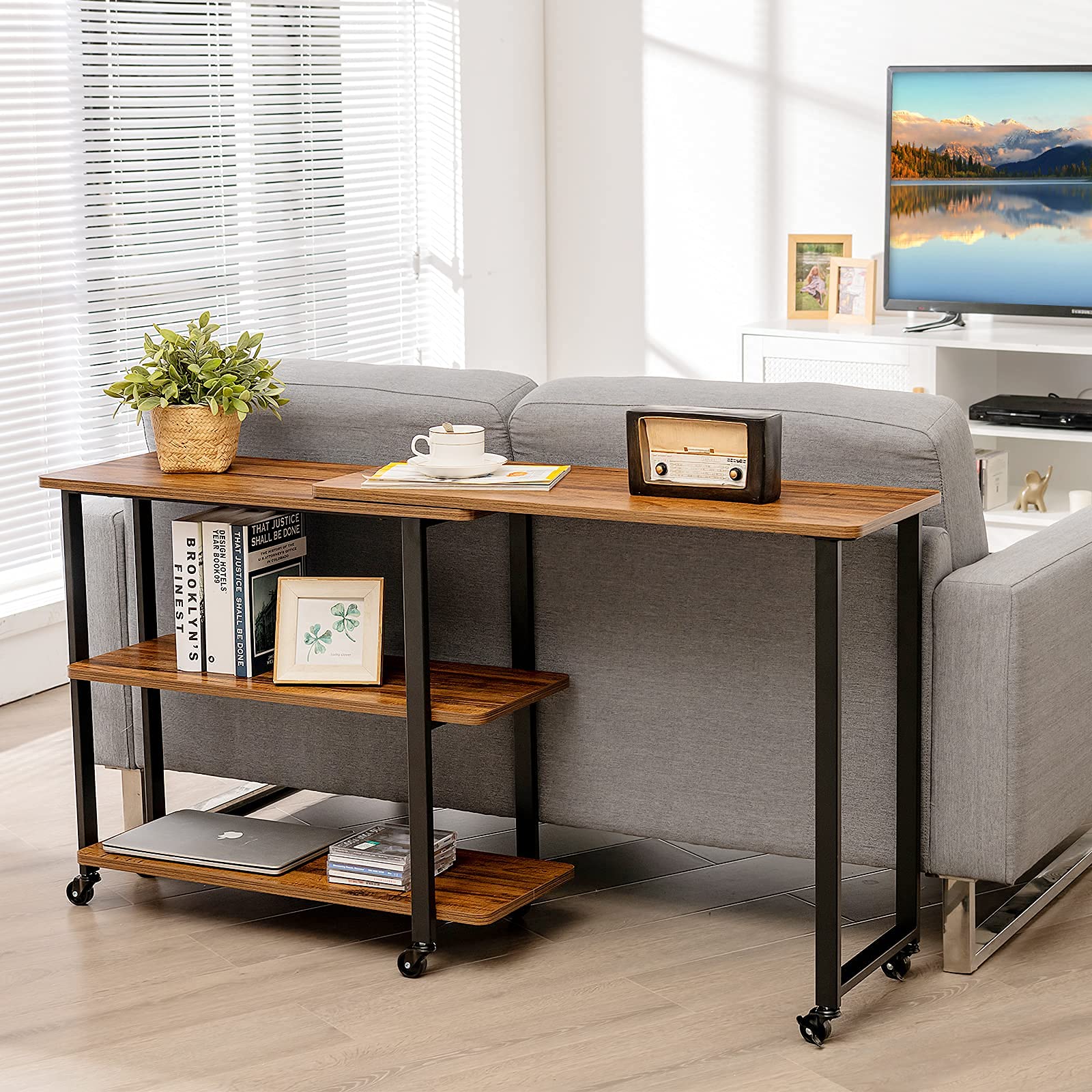 Tangkula 360° Rotating Side Table for Couch - 2-Tier Mobile Laptop Desk with Sturdy Metal Frame, Snack Table for Living Room, Bedroom & Home Office - Perfect for Working, Reading & Relaxing (Brown)
