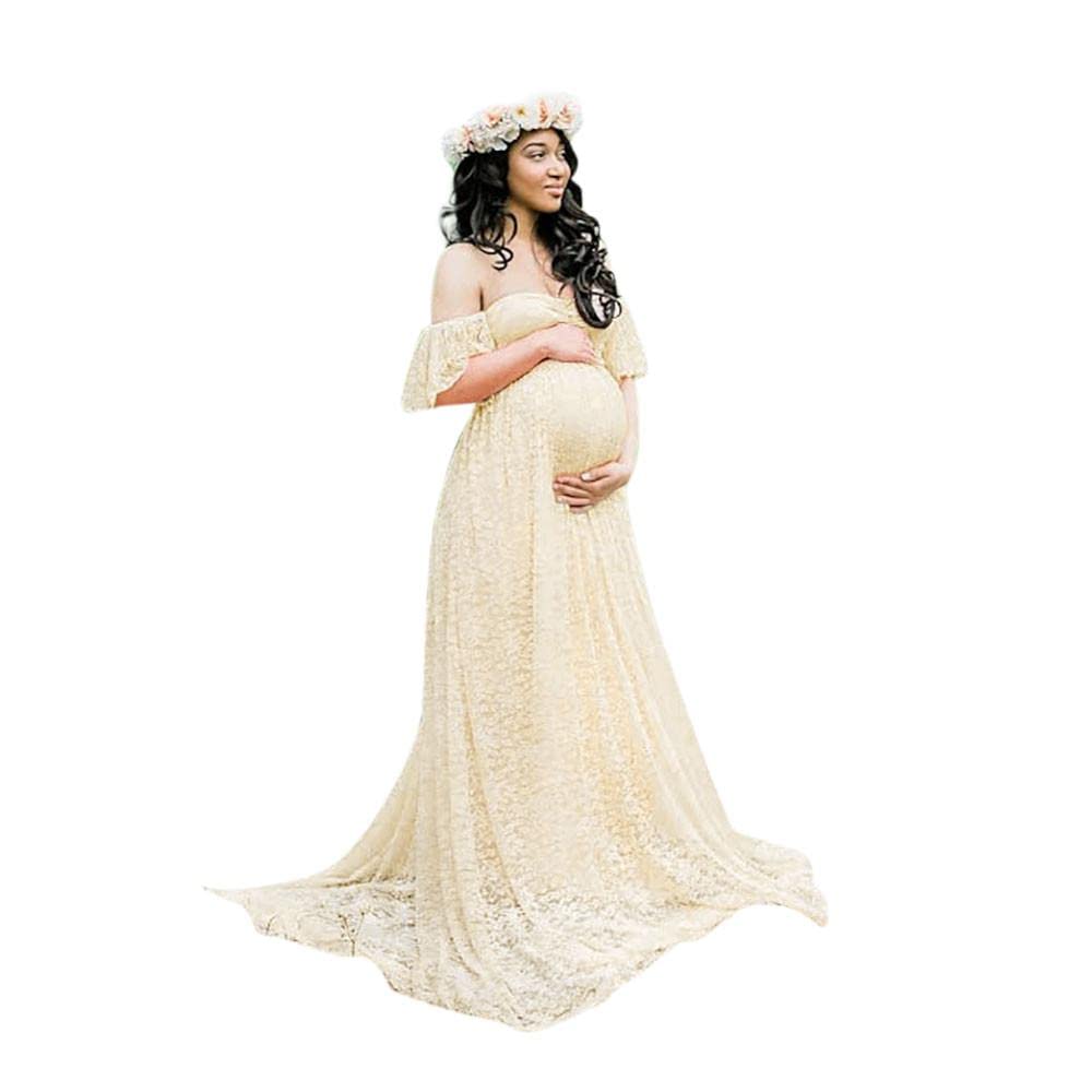 Elegant Floral Lace Maternity Gown - Off Shoulder Maxi Dress for Pregnancy Photoshoot & Baby Shower (Perfect for Maternity Photography, Bridal Shower, and Special Occasions)