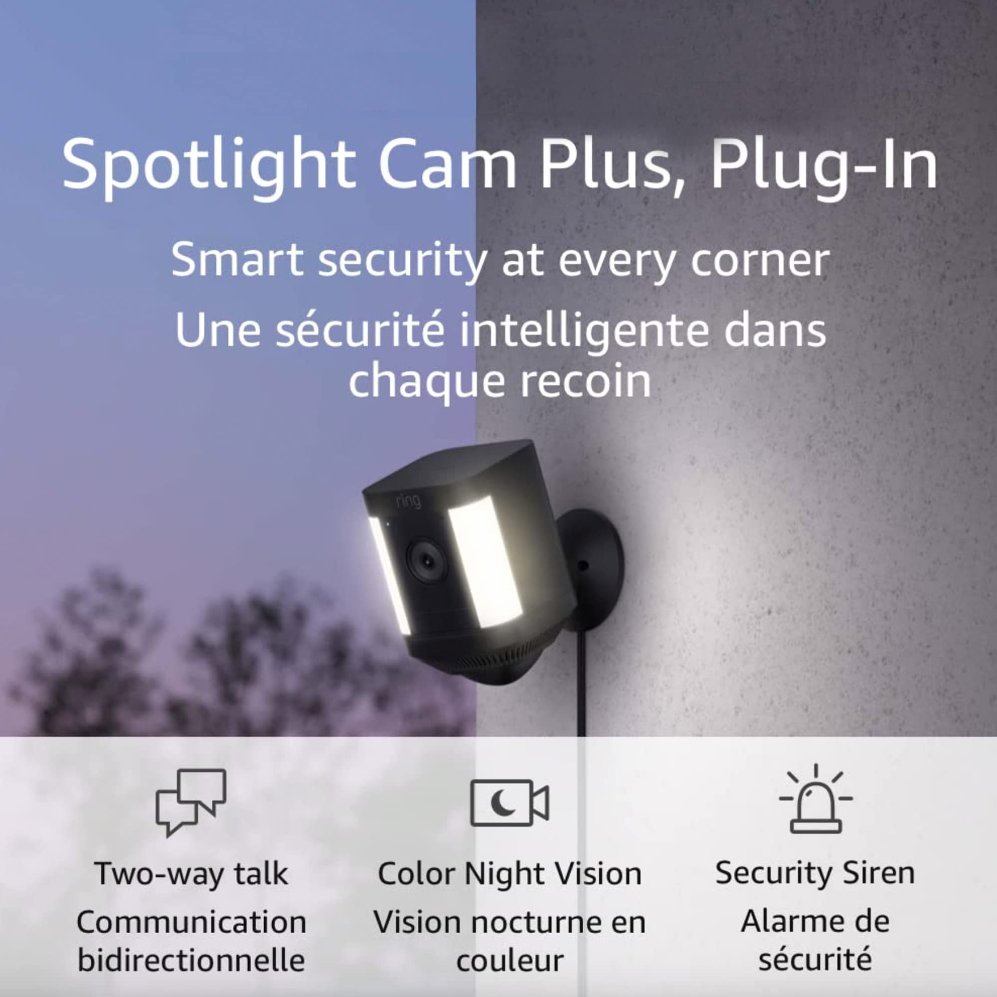 Ring Spotlight Cam Plus Plug-In Security Camera - 1080p HD Video, Two-Way Audio, Color Night Vision & Alarm Siren (2022 Model, Black) - Outdoor Home Security for Front Door, Backyard & Garage Protection