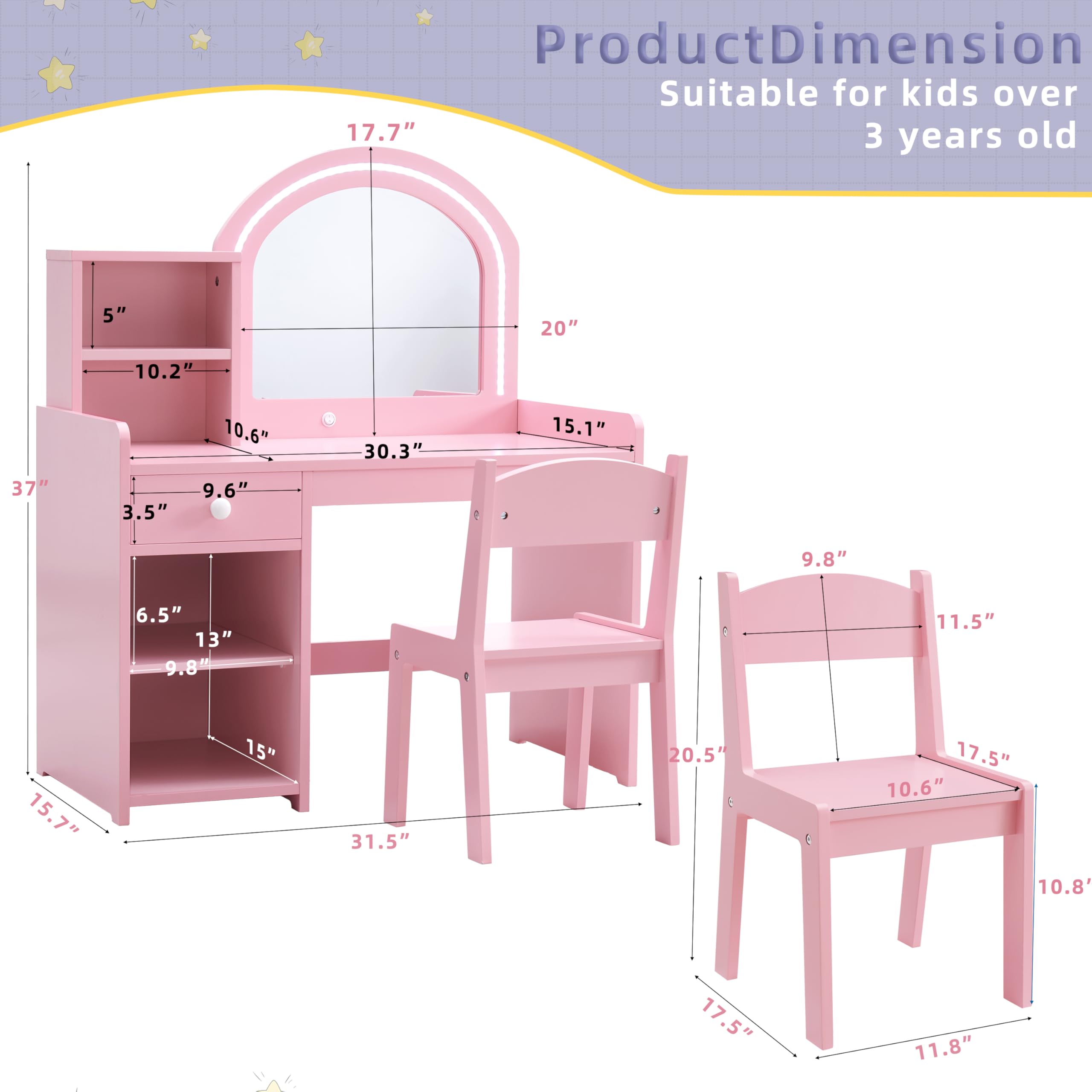 Pink Princess Vanity Set with Mirror & Stool for Girls - Kids Makeup & Dress Up Play