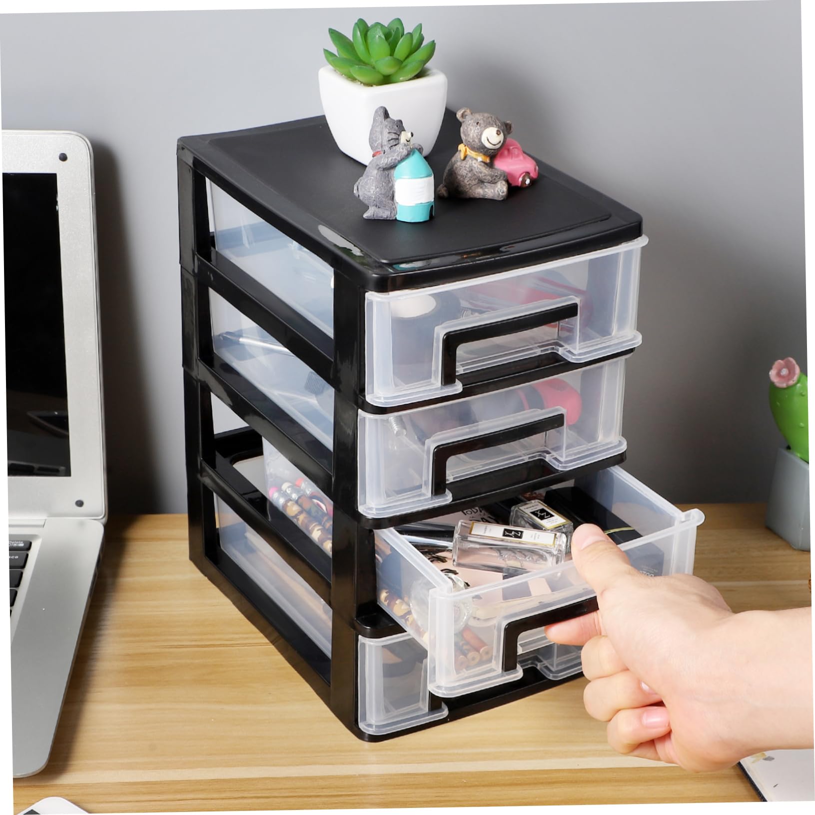 BESPORTBLE 4-Layer Stackable Plastic Storage Drawer Organizer - Black & Transparent Small Desktop Cabinet for Office Supplies, Makeup, Crafts | Compact Drawer Storage Solution for Home, Office & Dorm Organization